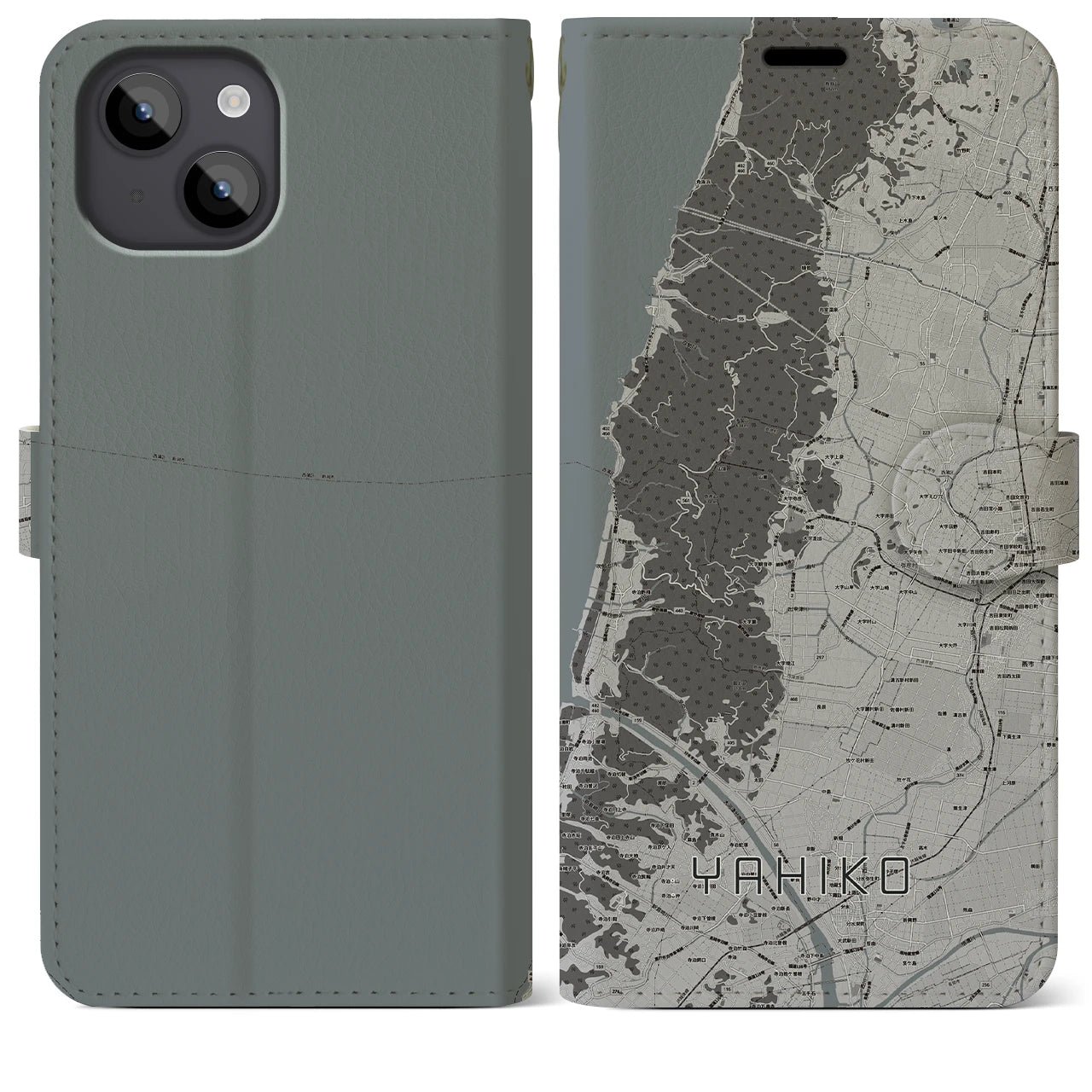 【弥彦(新潟県)】地図柄iPhoneケース(手帳タイプ)モノトーン・iPhone 14 Plus 用