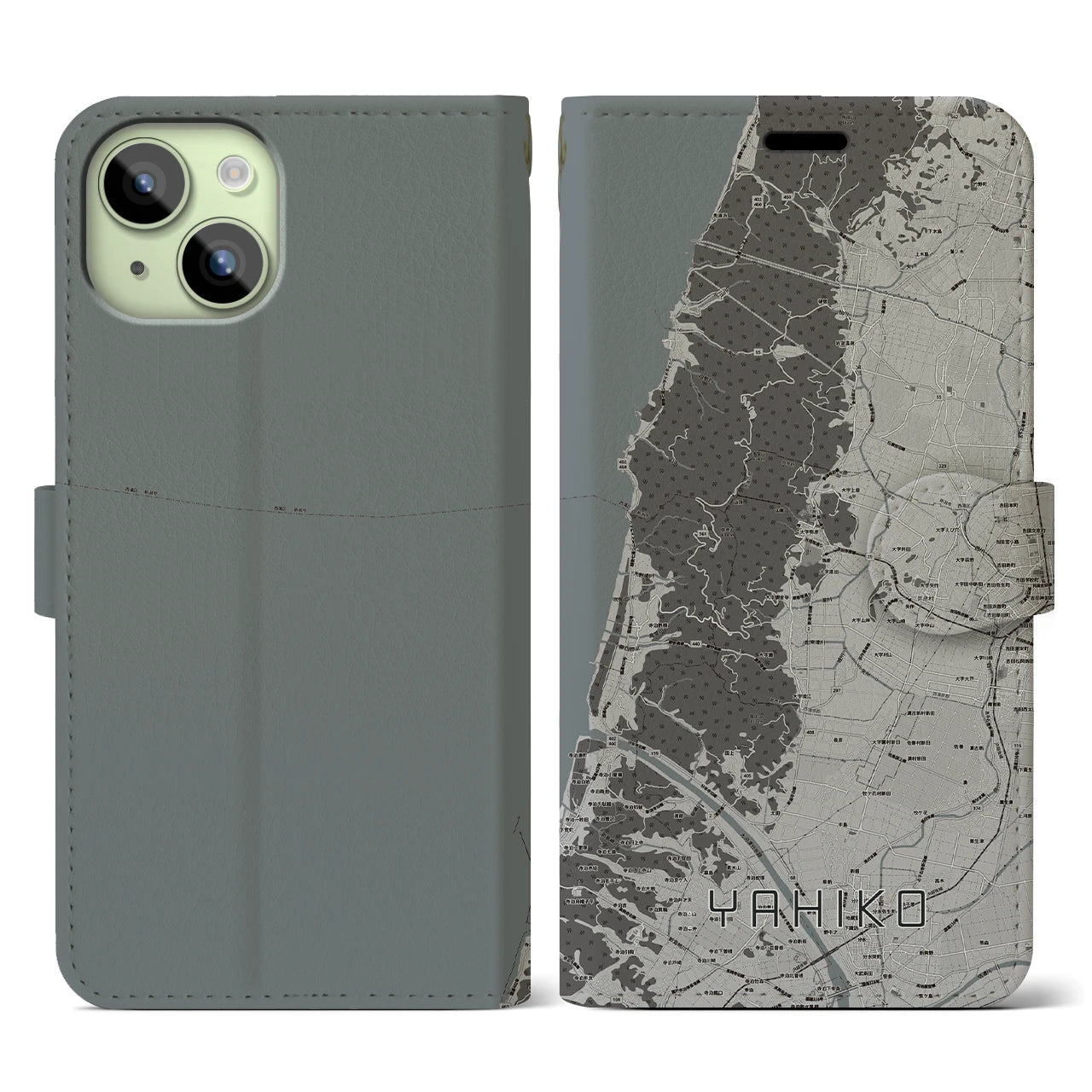 【弥彦(新潟県)】地図柄iPhoneケース(手帳タイプ)モノトーン・iPhone 15 用