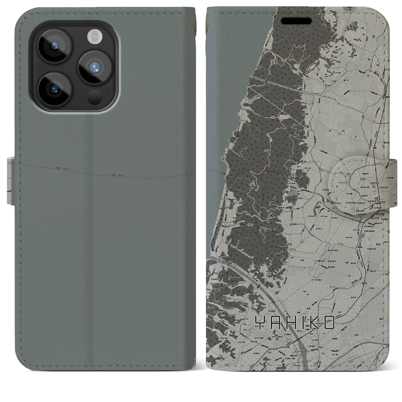【弥彦(新潟県)】地図柄iPhoneケース(手帳タイプ)モノトーン・iPhone 15 Pro Max 用