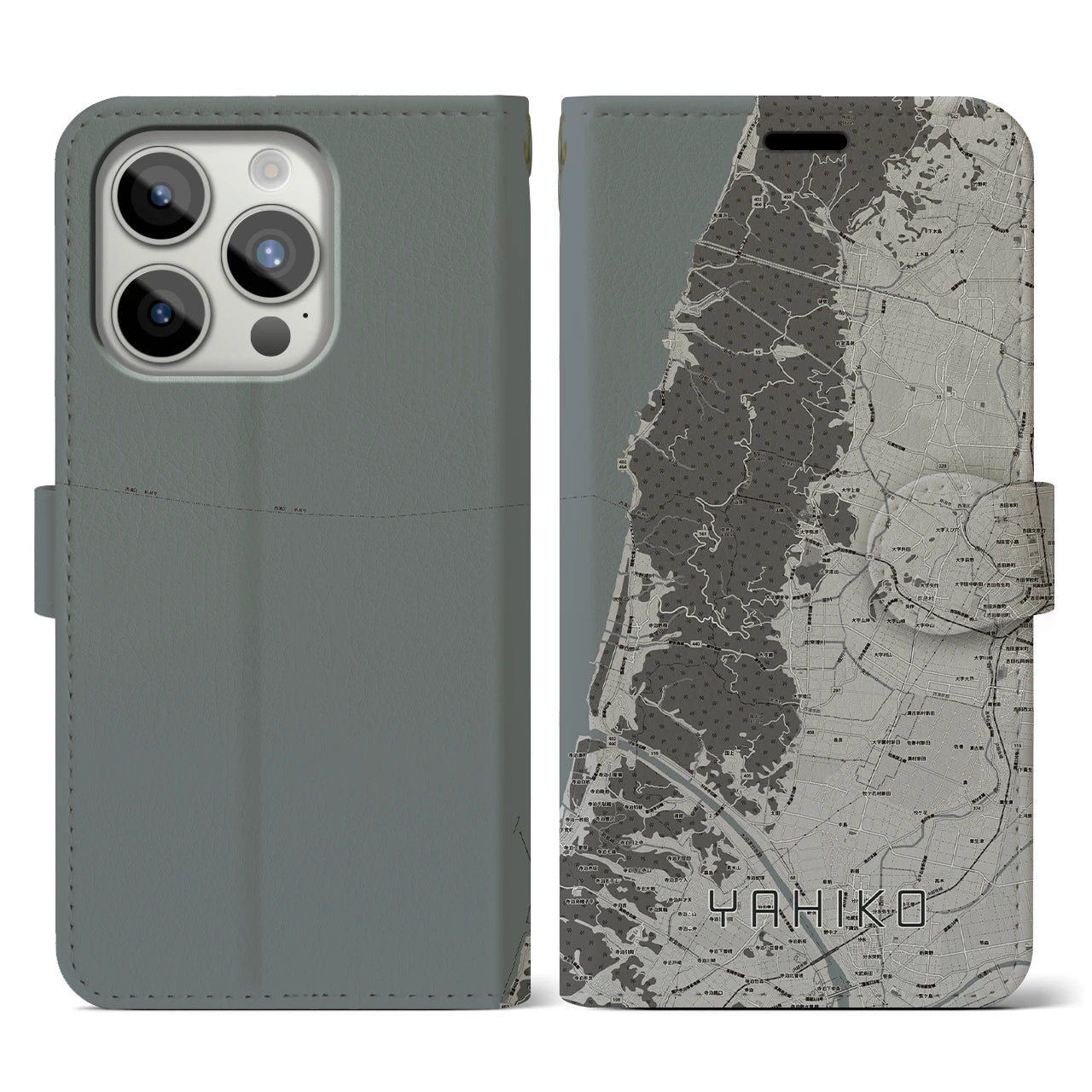 【弥彦(新潟県)】地図柄iPhoneケース(手帳タイプ)モノトーン・iPhone 15 Pro 用