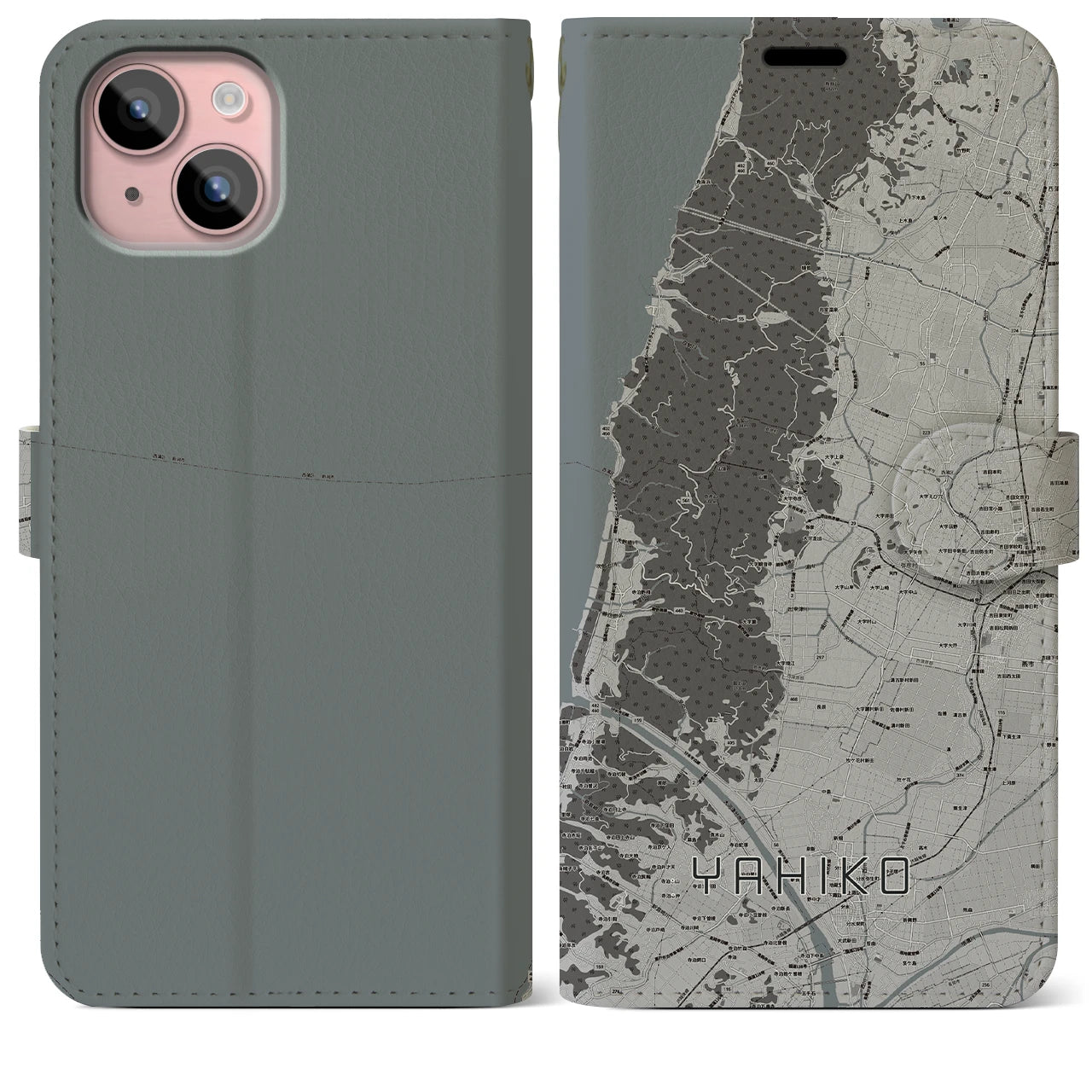 【弥彦(新潟県)】地図柄iPhoneケース(手帳タイプ)モノトーン・iPhone 15 Plus 用