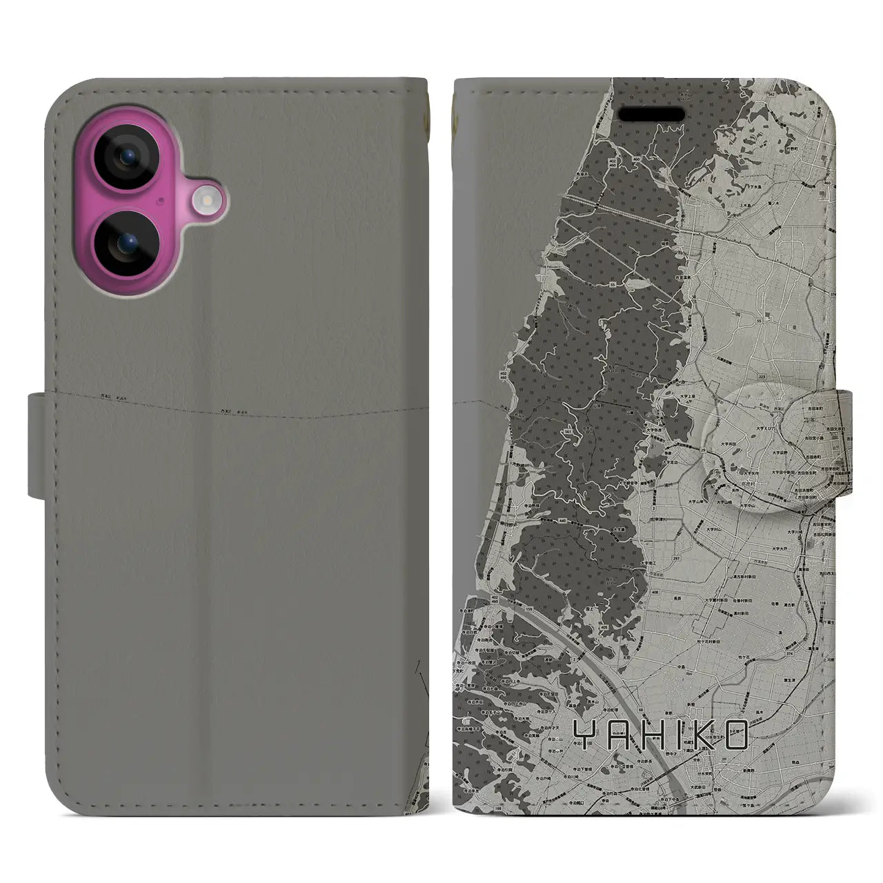 【弥彦(新潟県)】地図柄iPhoneケース(手帳タイプ)モノトーン・iPhone 16 Pro 用