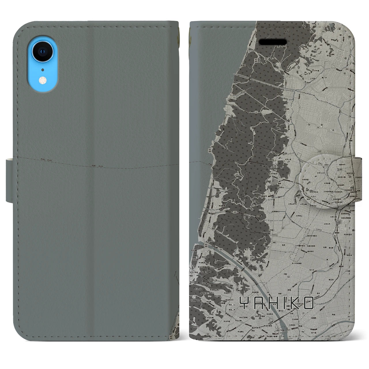 【弥彦(新潟県)】地図柄iPhoneケース(手帳タイプ)モノトーン・iPhone XR 用