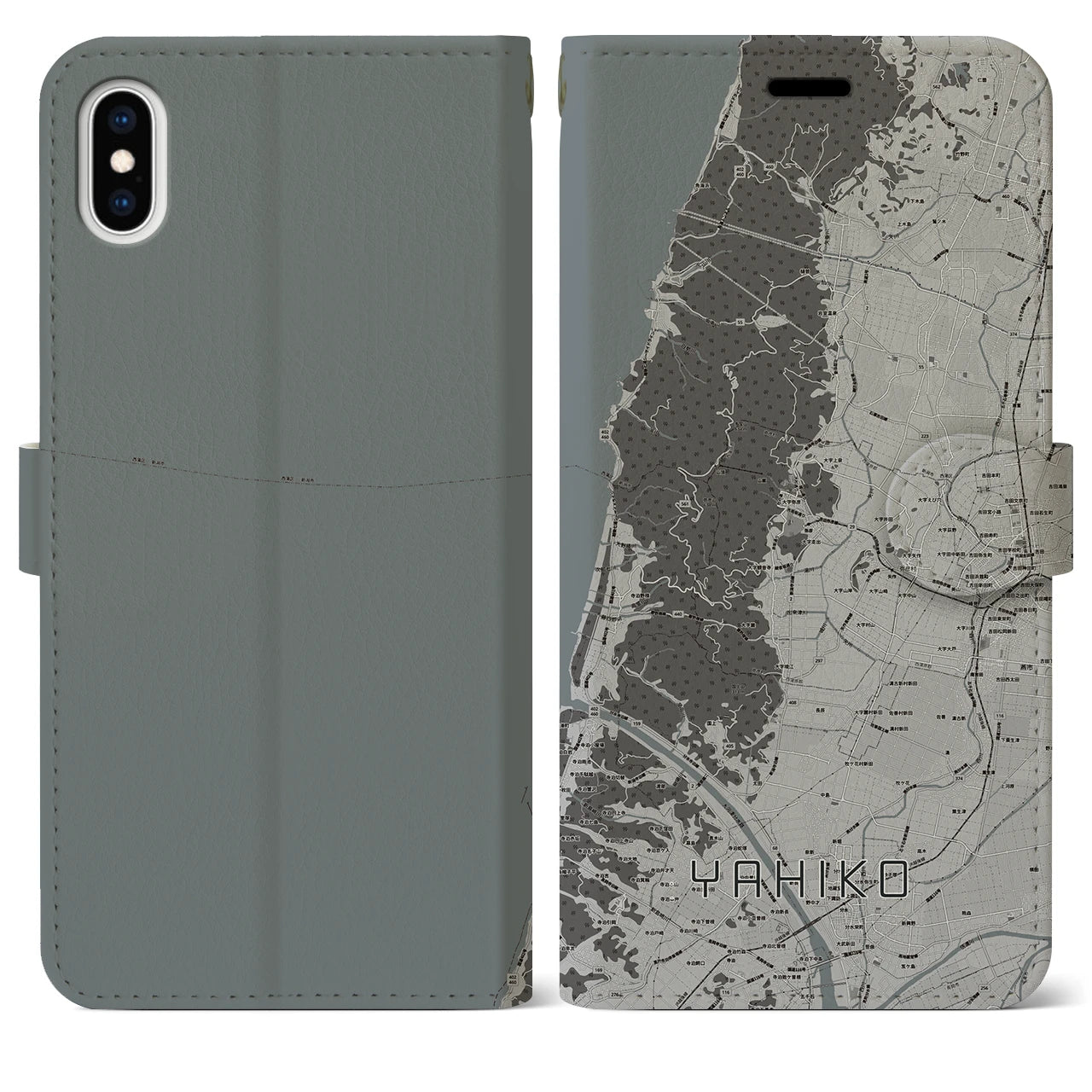【弥彦(新潟県)】地図柄iPhoneケース(手帳タイプ)モノトーン・iPhone XS Max 用