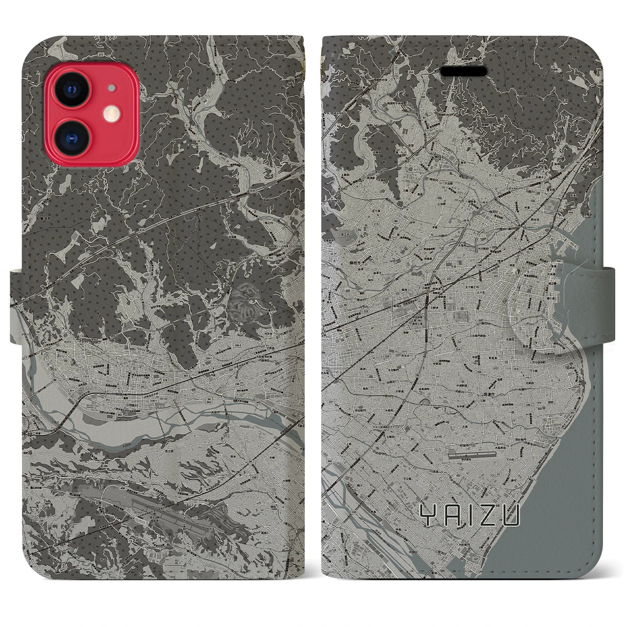 【焼津(静岡県)】地図柄iPhoneケース(手帳タイプ)モノトーン・iPhone 11 用