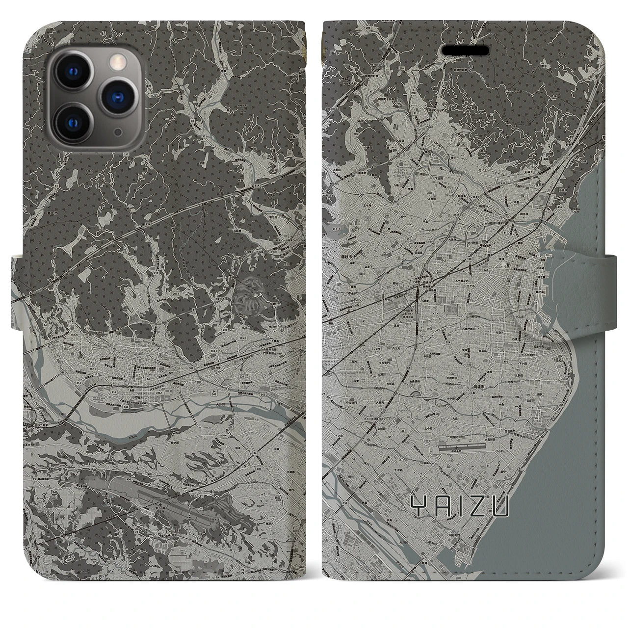 【焼津(静岡県)】地図柄iPhoneケース(手帳タイプ)モノトーン・iPhone 11 Pro Max 用