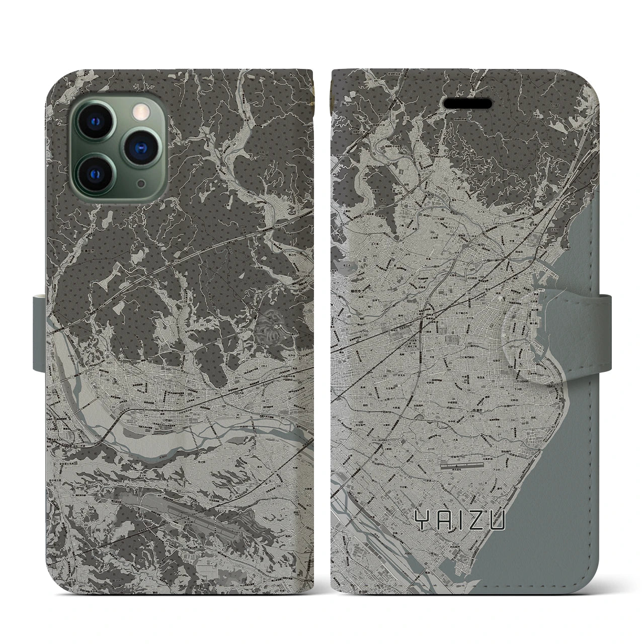 【焼津(静岡県)】地図柄iPhoneケース(手帳タイプ)モノトーン・iPhone 11 Pro 用