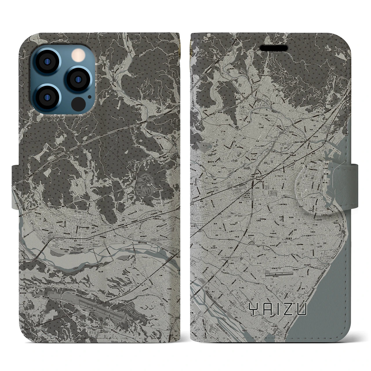 【焼津(静岡県)】地図柄iPhoneケース(手帳タイプ)モノトーン・iPhone 12 / 12 Pro 用