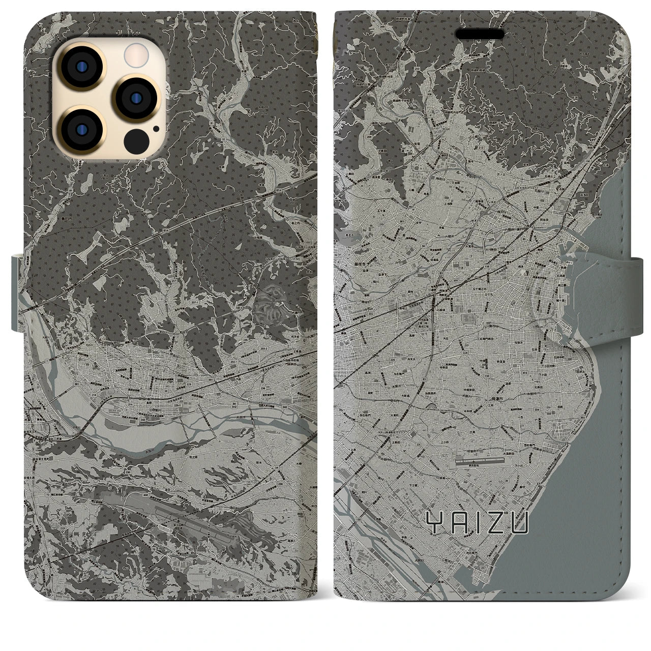 【焼津(静岡県)】地図柄iPhoneケース(手帳タイプ)モノトーン・iPhone 12 Pro Max 用