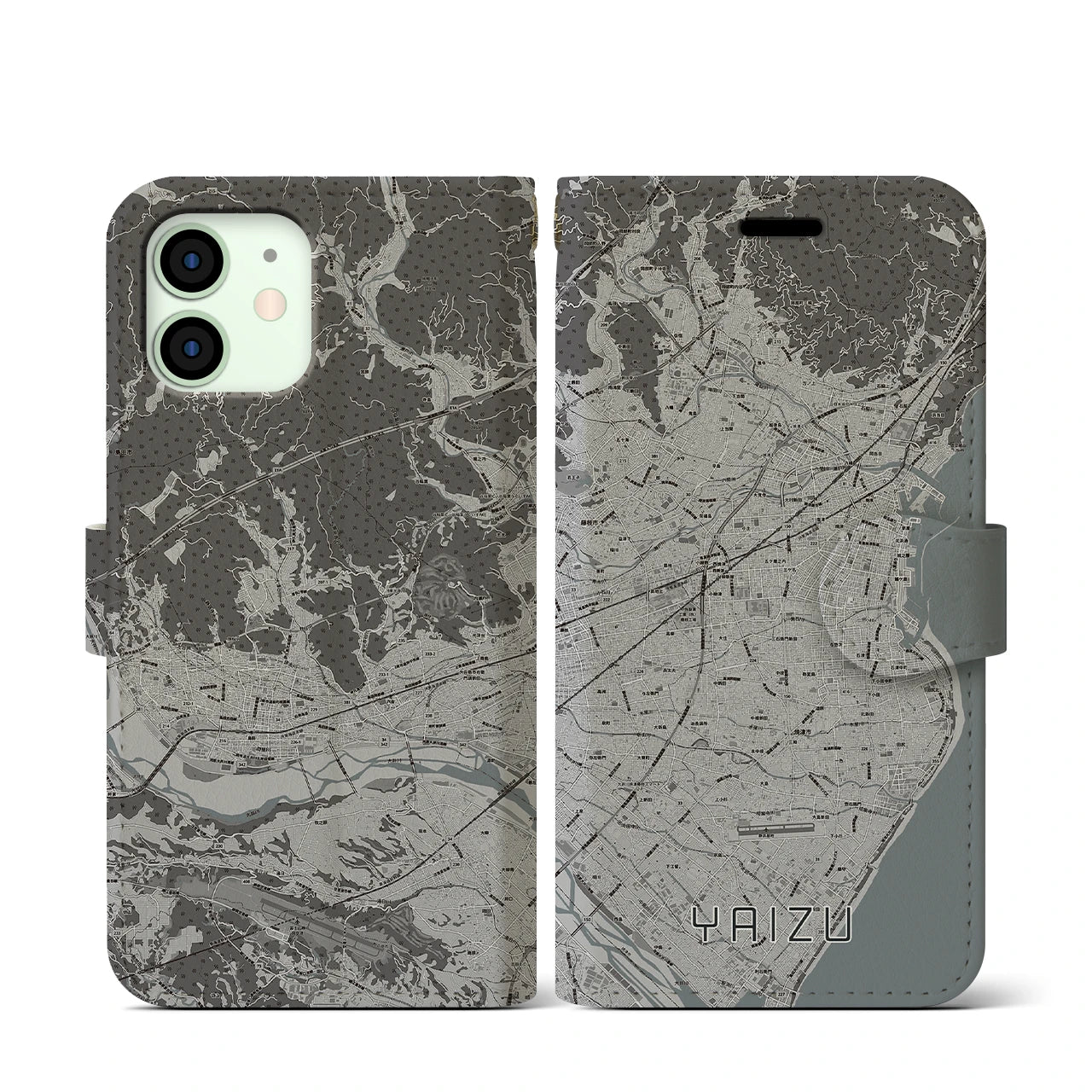 【焼津(静岡県)】地図柄iPhoneケース(手帳タイプ)モノトーン・iPhone 12 mini 用