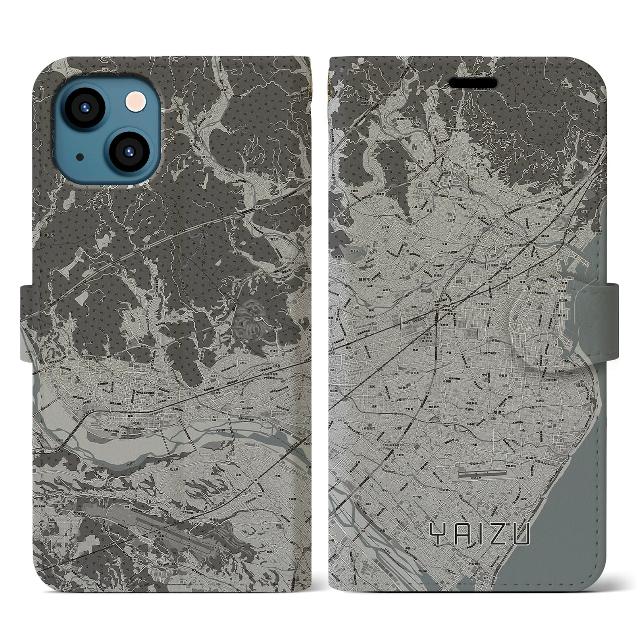 【焼津(静岡県)】地図柄iPhoneケース(手帳タイプ)モノトーン・iPhone 13 用