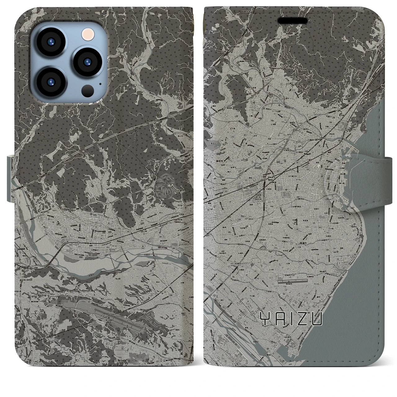 【焼津(静岡県)】地図柄iPhoneケース(手帳タイプ)モノトーン・iPhone 13 Pro Max 用