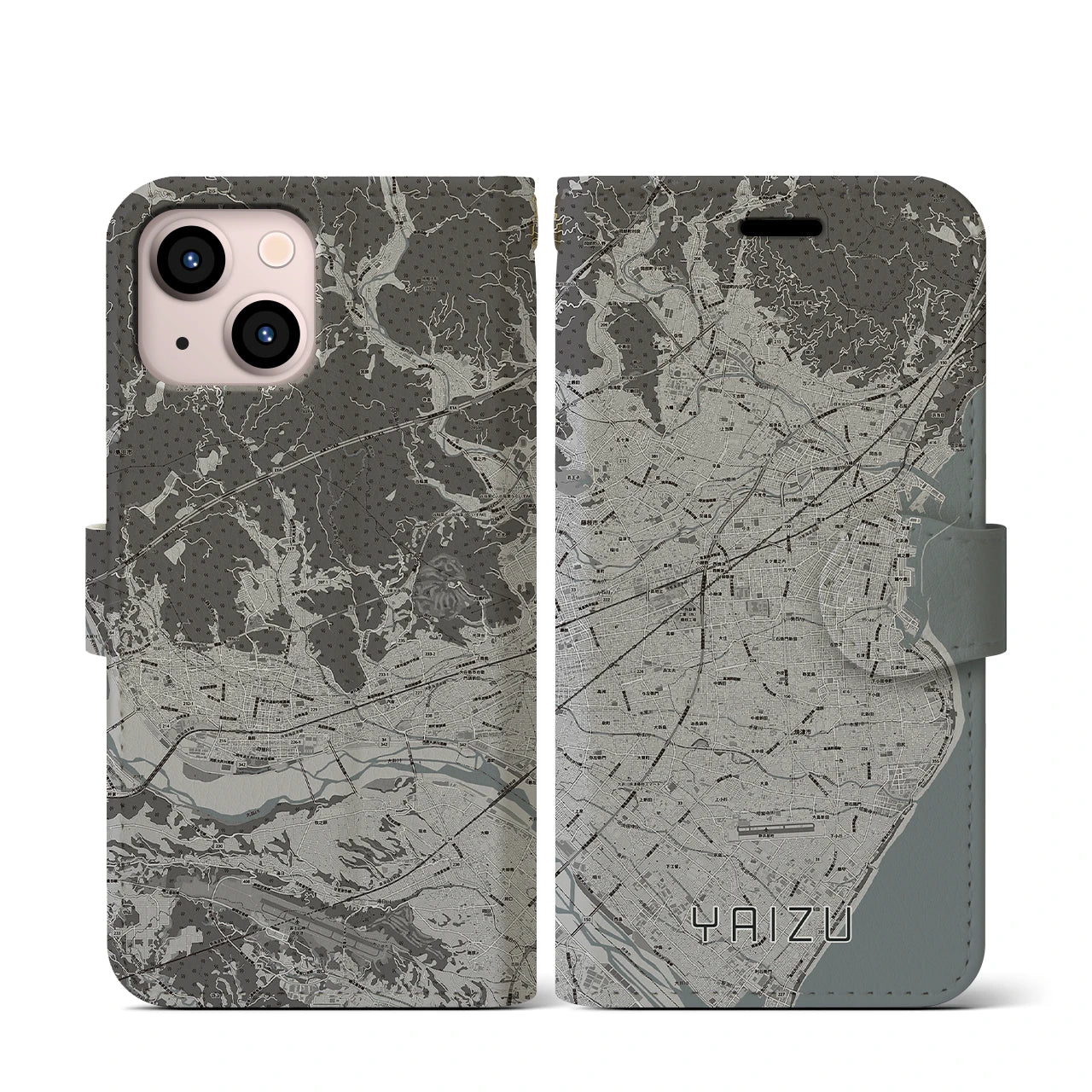 【焼津(静岡県)】地図柄iPhoneケース(手帳タイプ)モノトーン・iPhone 13 mini 用