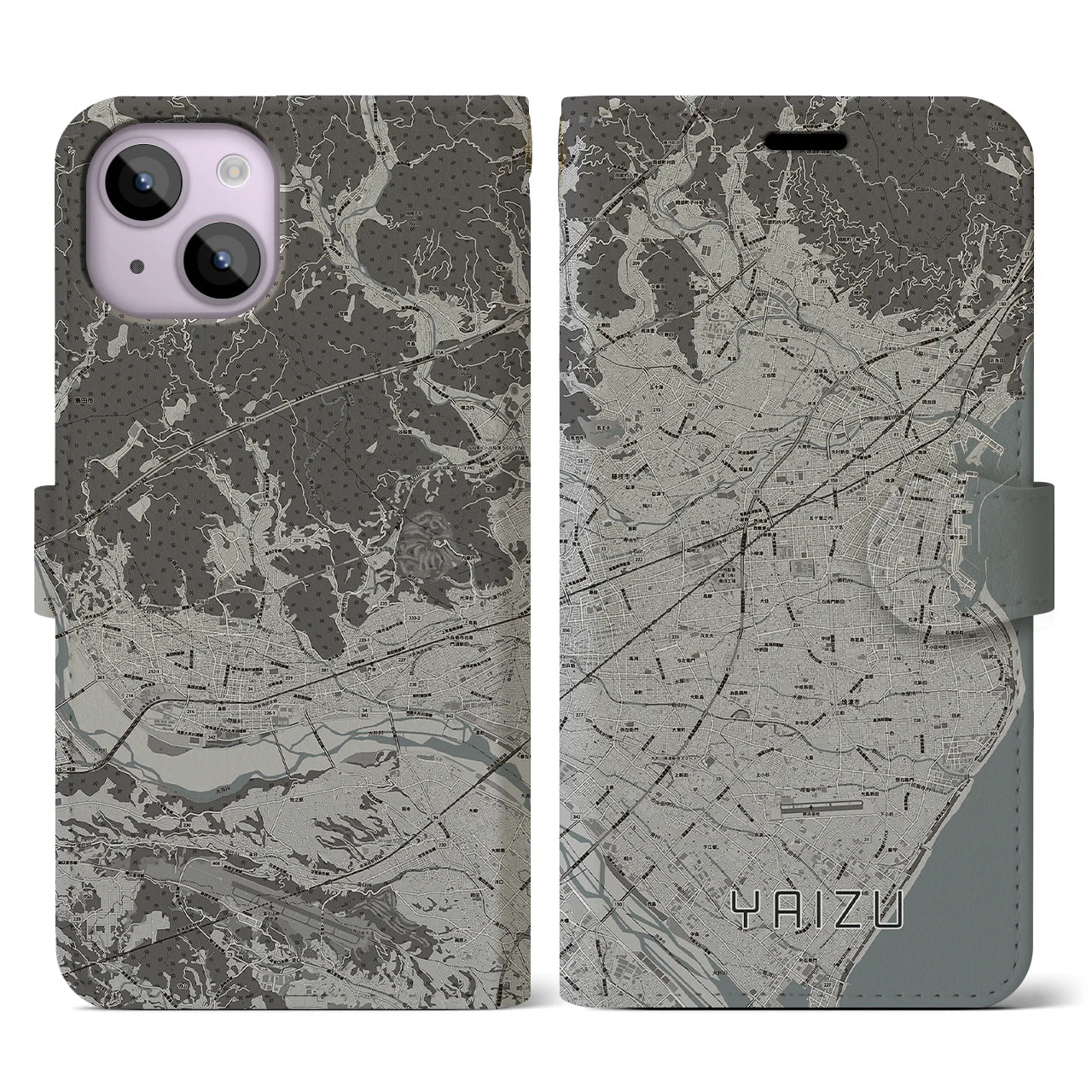 【焼津(静岡県)】地図柄iPhoneケース(手帳タイプ)モノトーン・iPhone 14 用