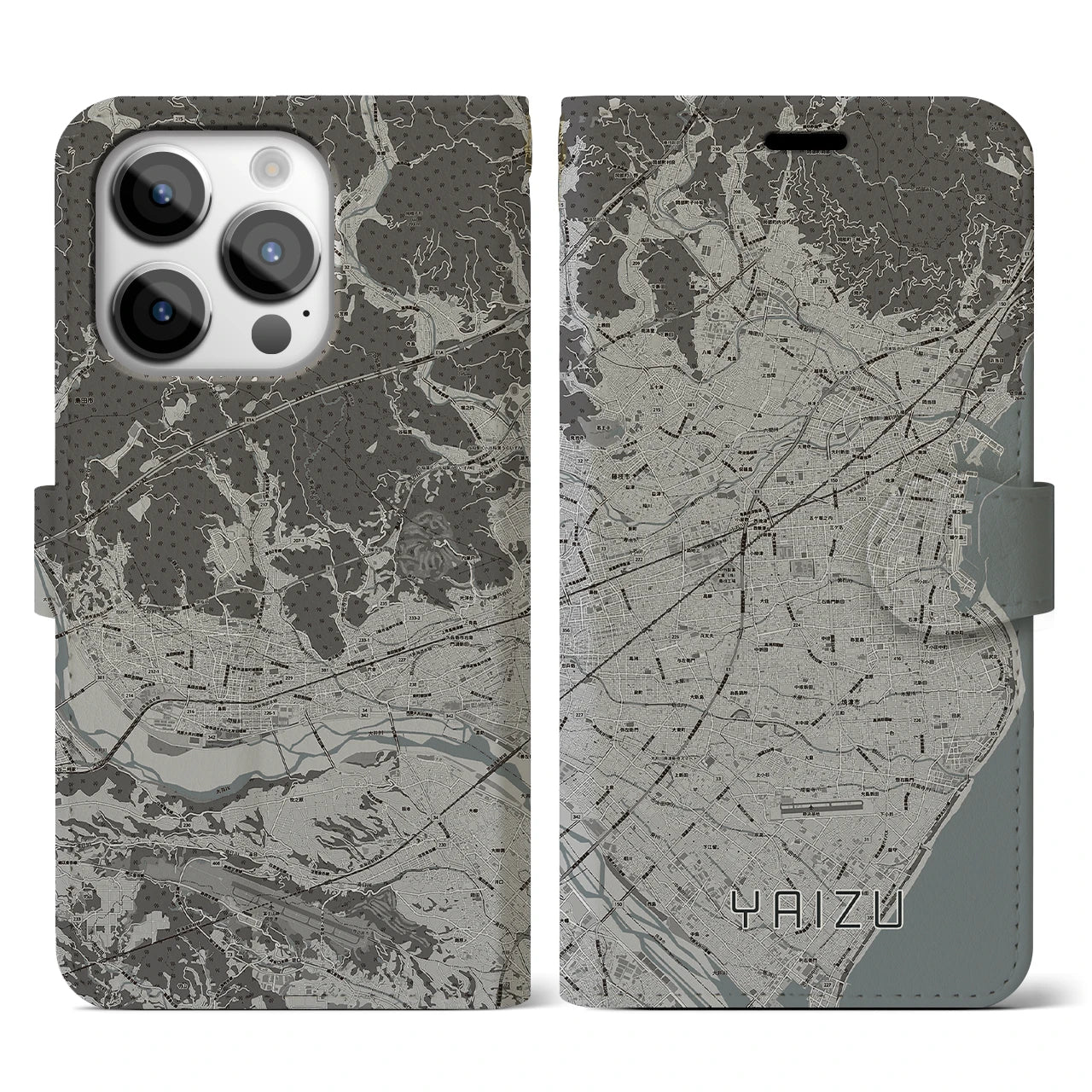 【焼津(静岡県)】地図柄iPhoneケース(手帳タイプ)モノトーン・iPhone 14 Pro 用