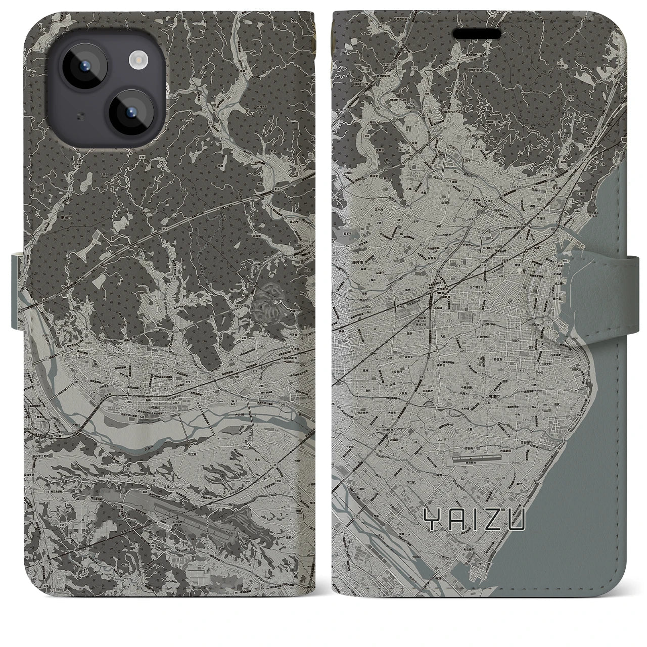 【焼津(静岡県)】地図柄iPhoneケース(手帳タイプ)モノトーン・iPhone 14 Plus 用
