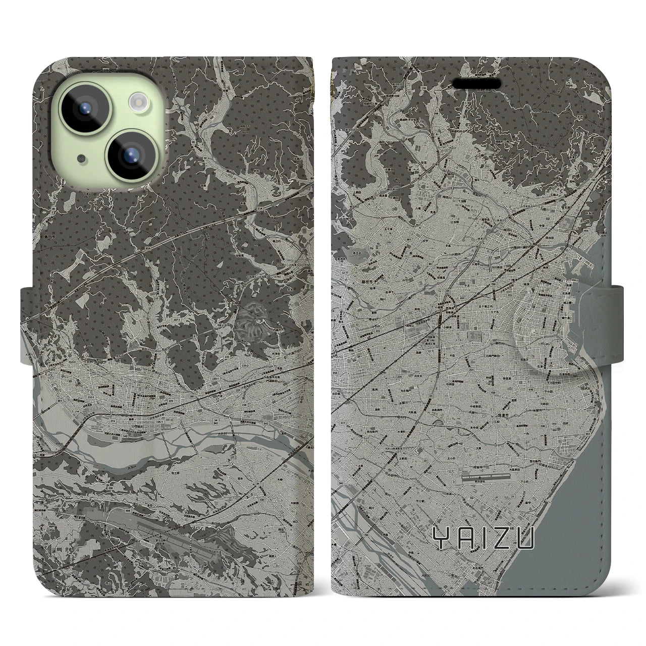 【焼津(静岡県)】地図柄iPhoneケース(手帳タイプ)モノトーン・iPhone 15 用