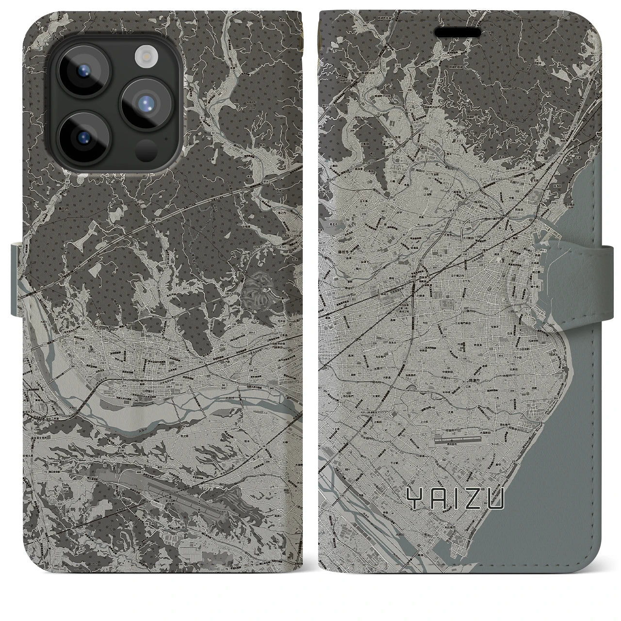 【焼津(静岡県)】地図柄iPhoneケース(手帳タイプ)モノトーン・iPhone 15 Pro Max 用