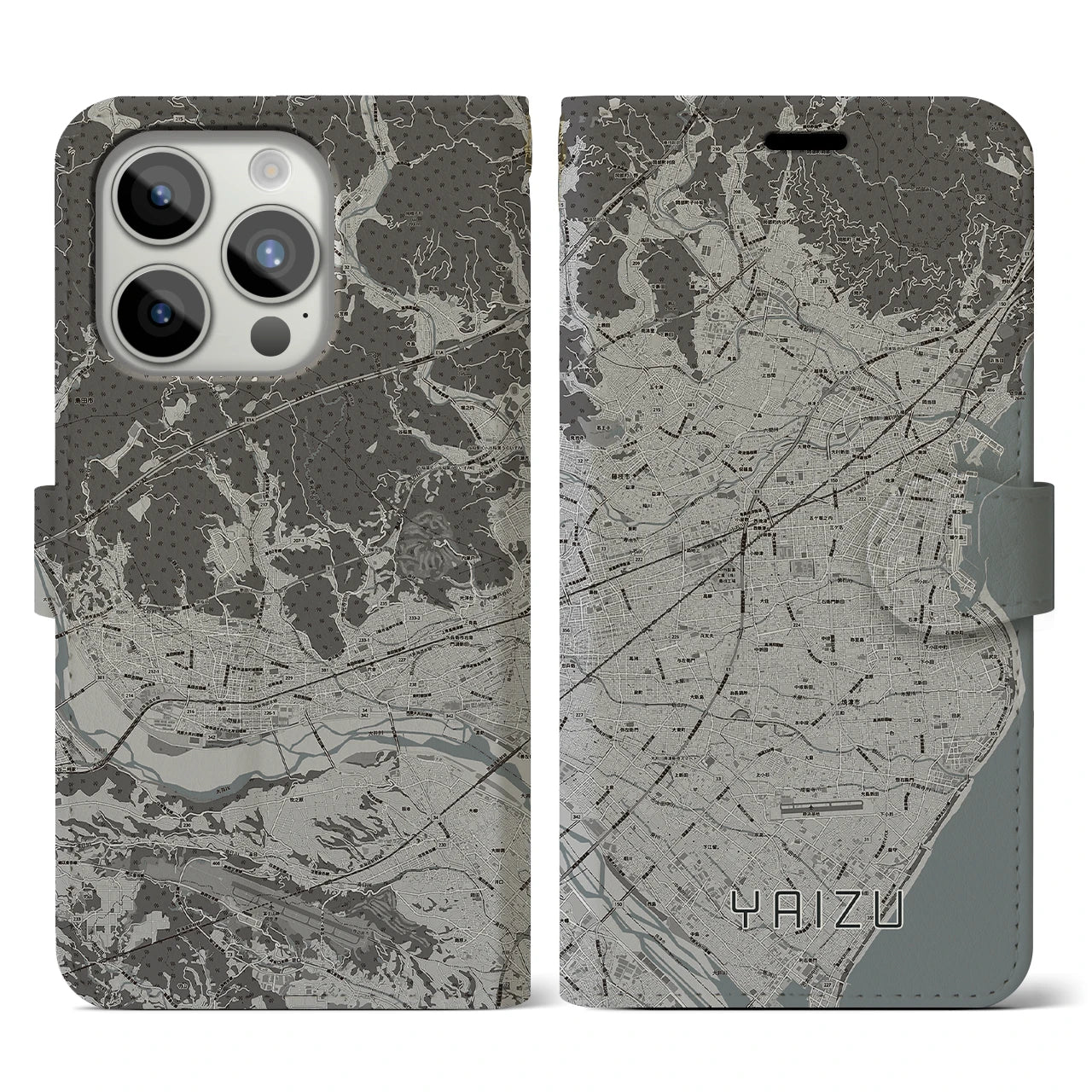 【焼津(静岡県)】地図柄iPhoneケース(手帳タイプ)モノトーン・iPhone 15 Pro 用