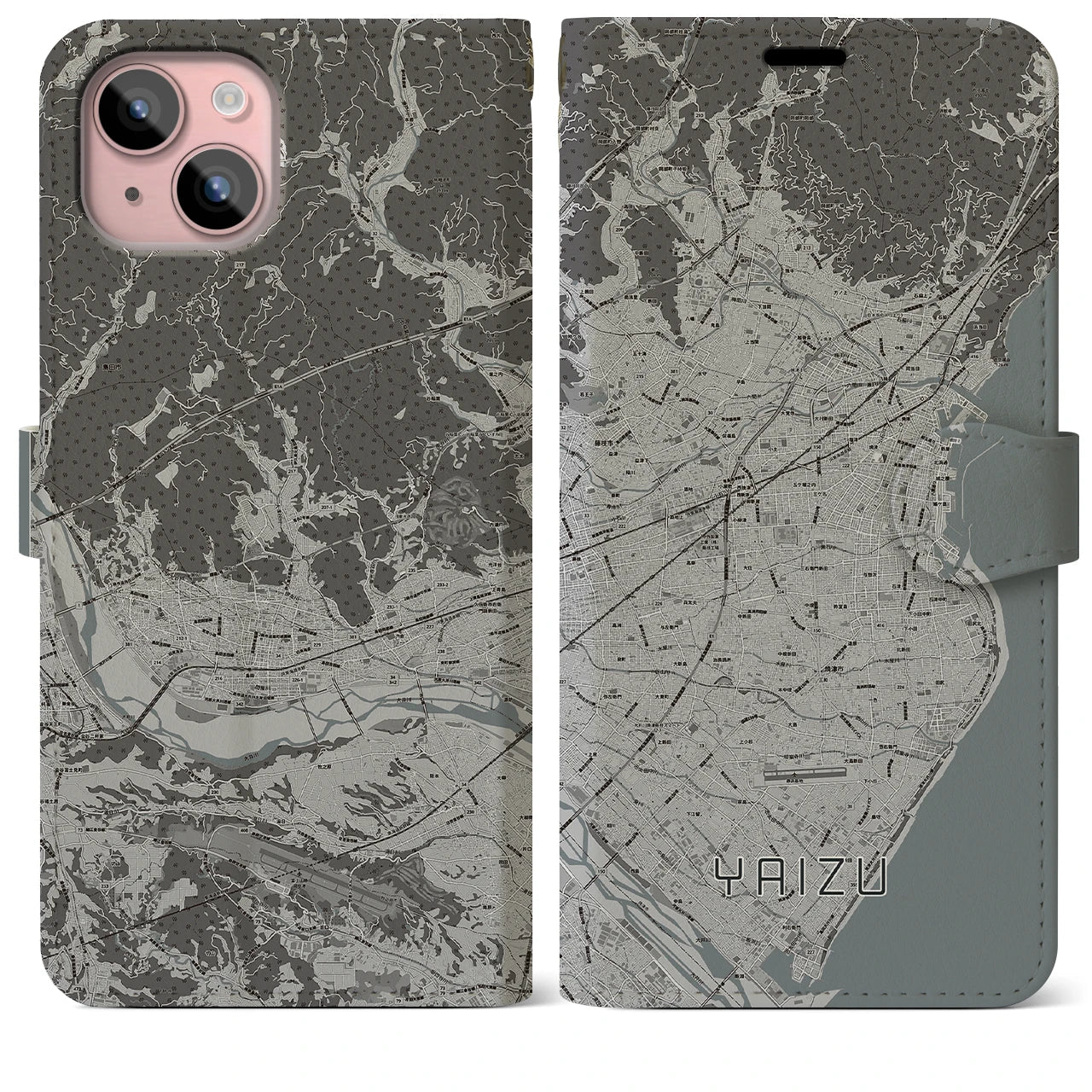 【焼津(静岡県)】地図柄iPhoneケース(手帳タイプ)モノトーン・iPhone 15 Plus 用