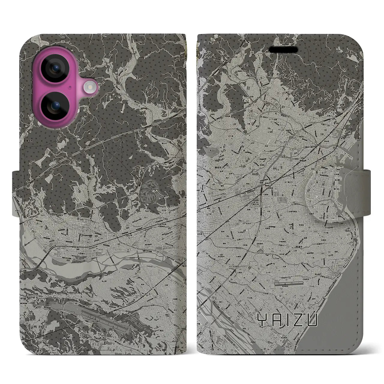 【焼津(静岡県)】地図柄iPhoneケース(手帳タイプ)モノトーン・iPhone 16 Pro 用