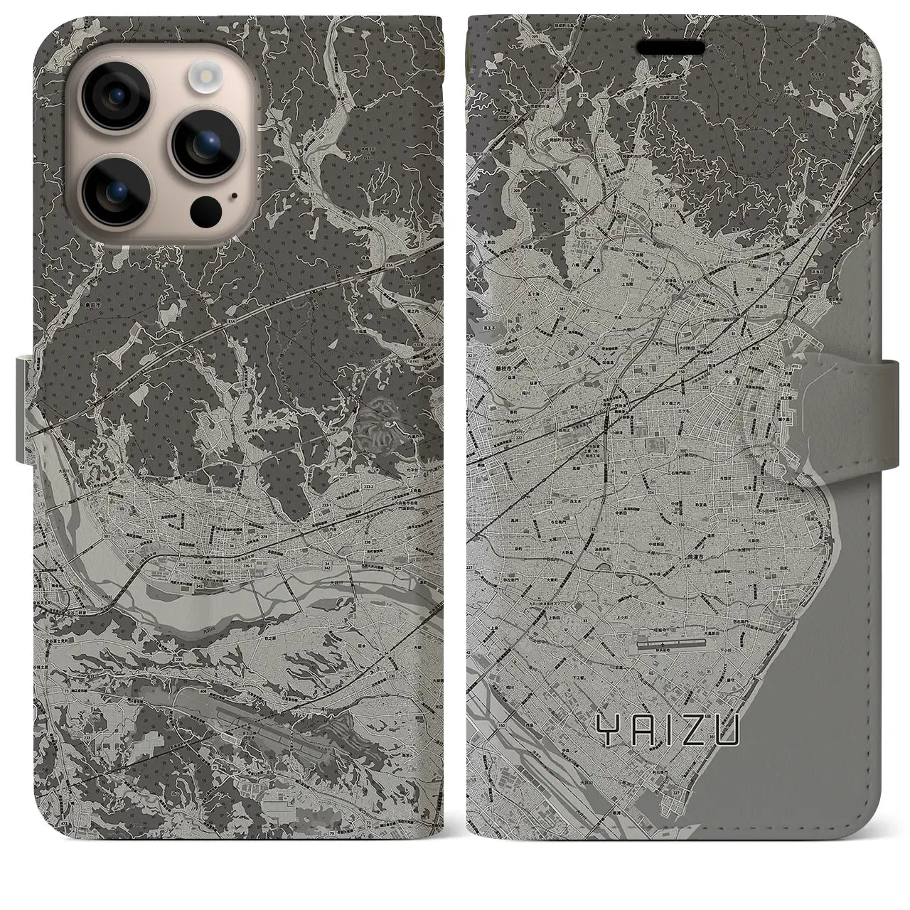 【焼津(静岡県)】地図柄iPhoneケース(手帳タイプ)モノトーン・iPhone 16 Plus 用