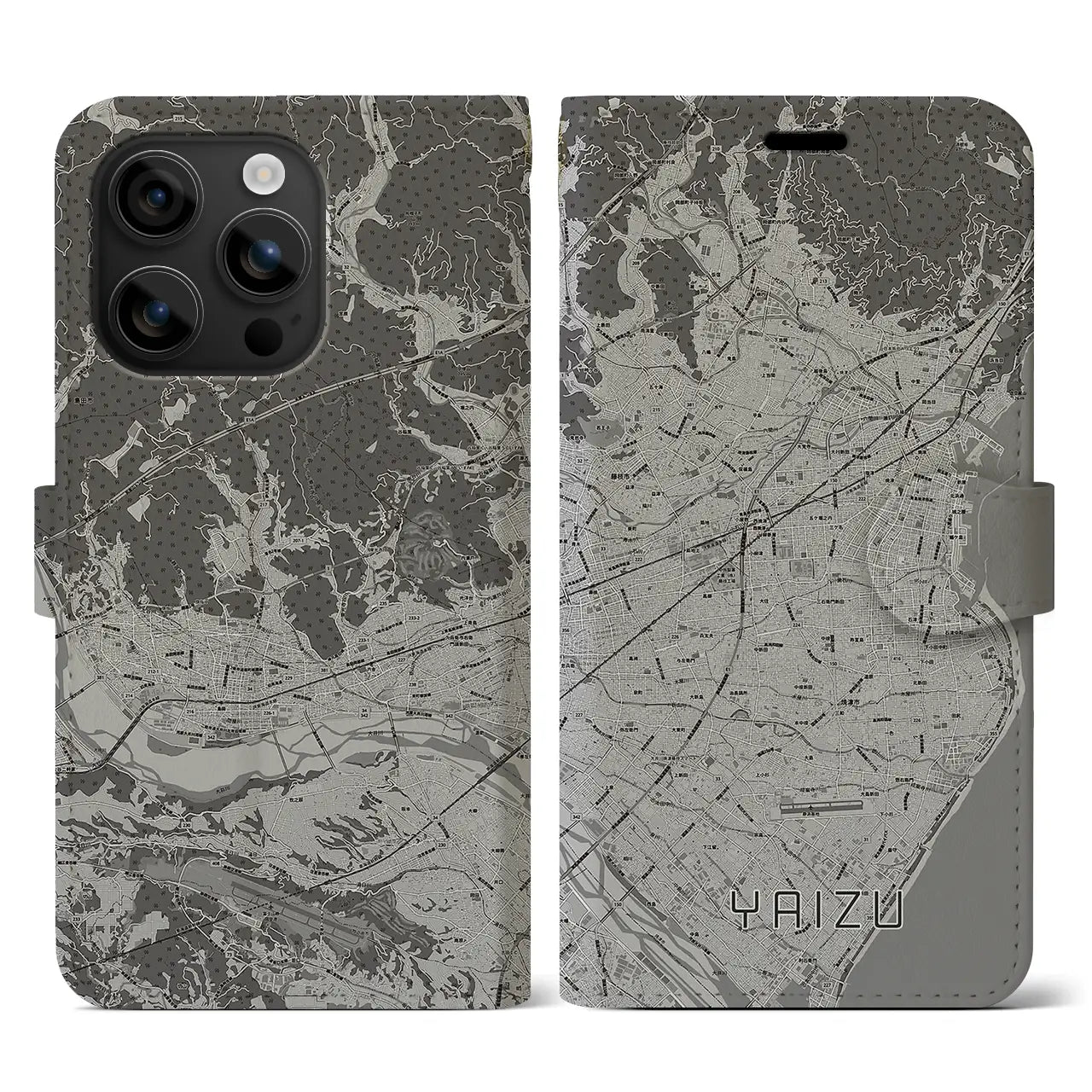 【焼津(静岡県)】地図柄iPhoneケース(手帳タイプ)モノトーン・iPhone 16 用