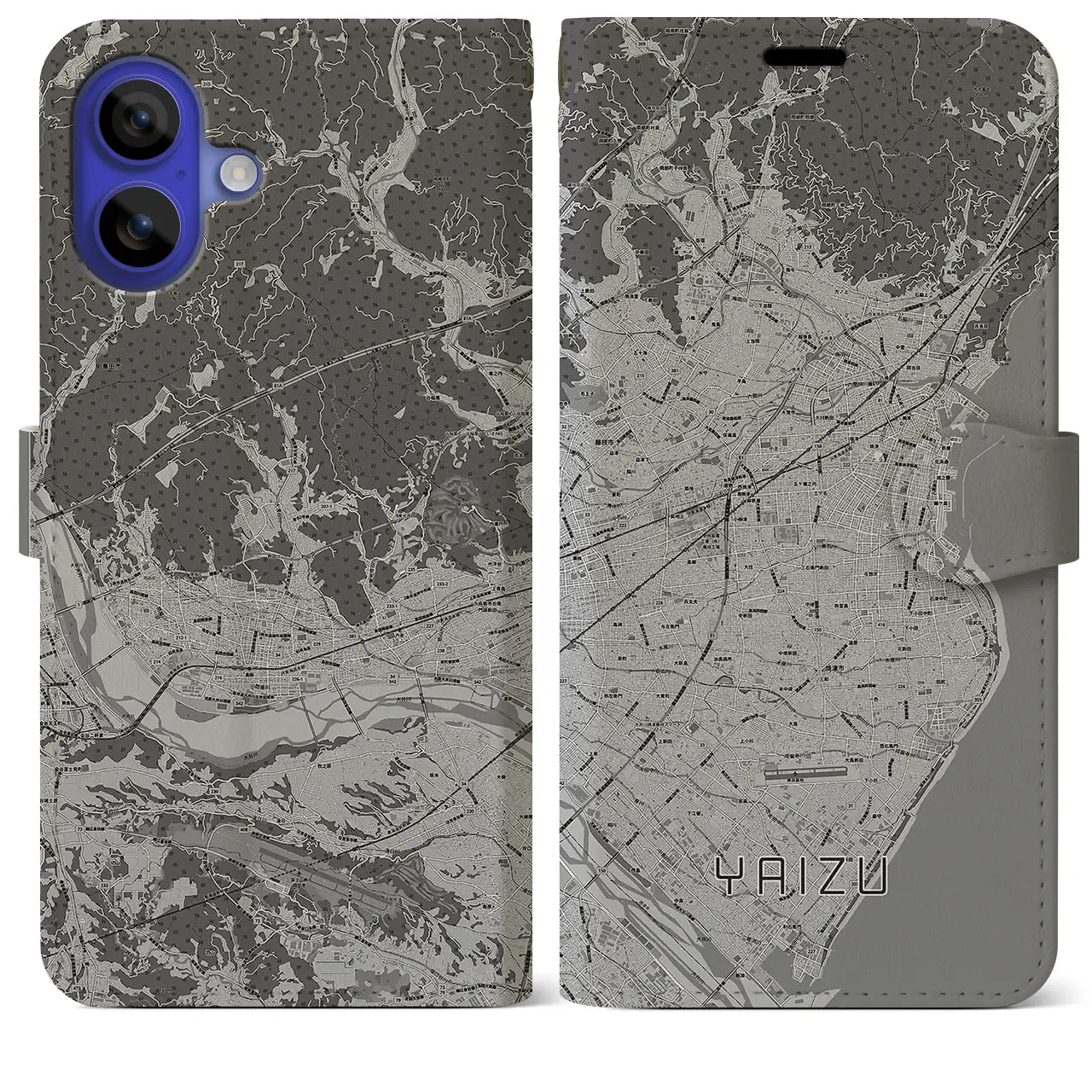 【焼津(静岡県)】地図柄iPhoneケース(手帳タイプ)モノトーン・iPhone 16 Pro Max 用