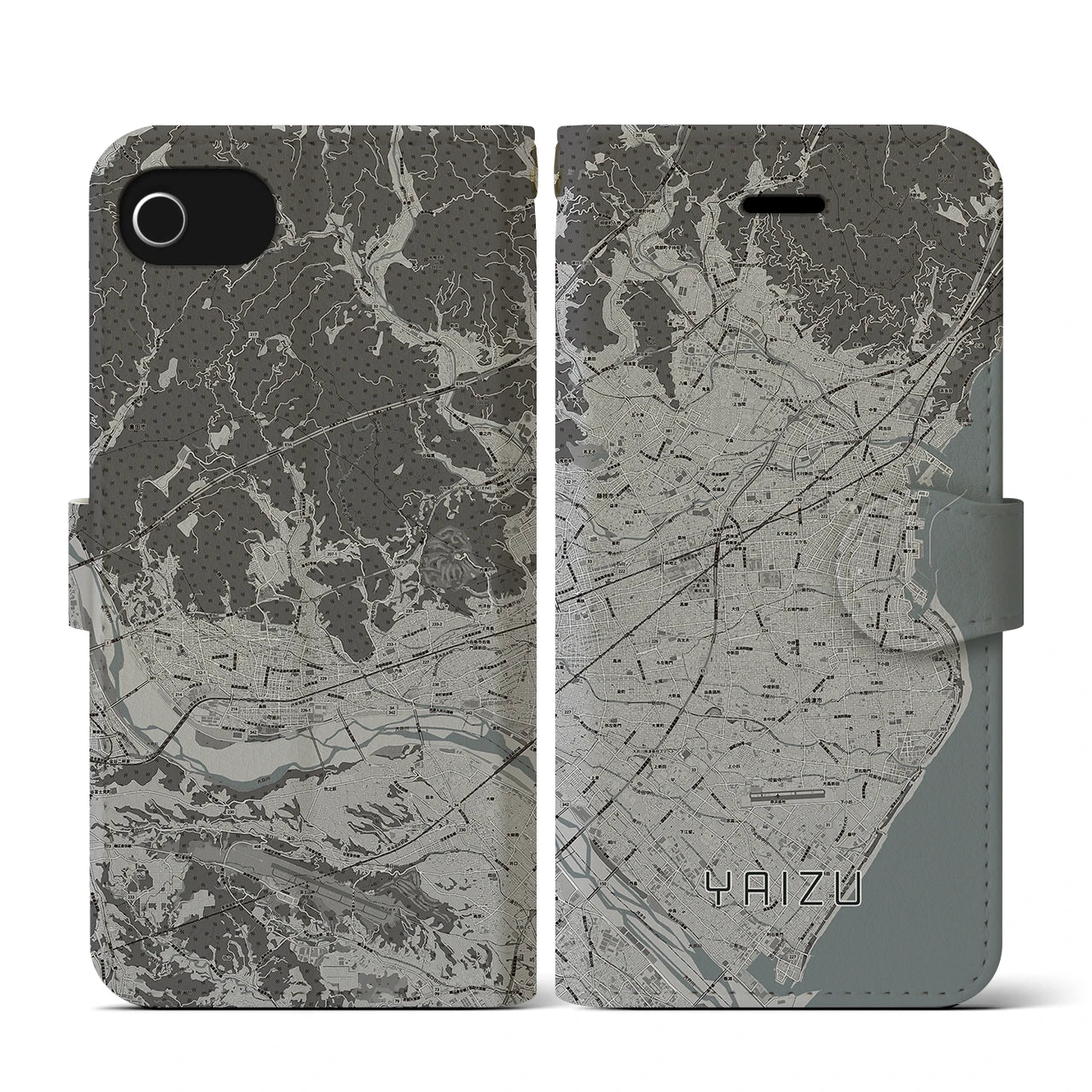 【焼津(静岡県)】地図柄iPhoneケース(手帳タイプ)モノトーン・iPhone SE(第3 / 第2世代) / 8 / 7 / 6s / 6 用
