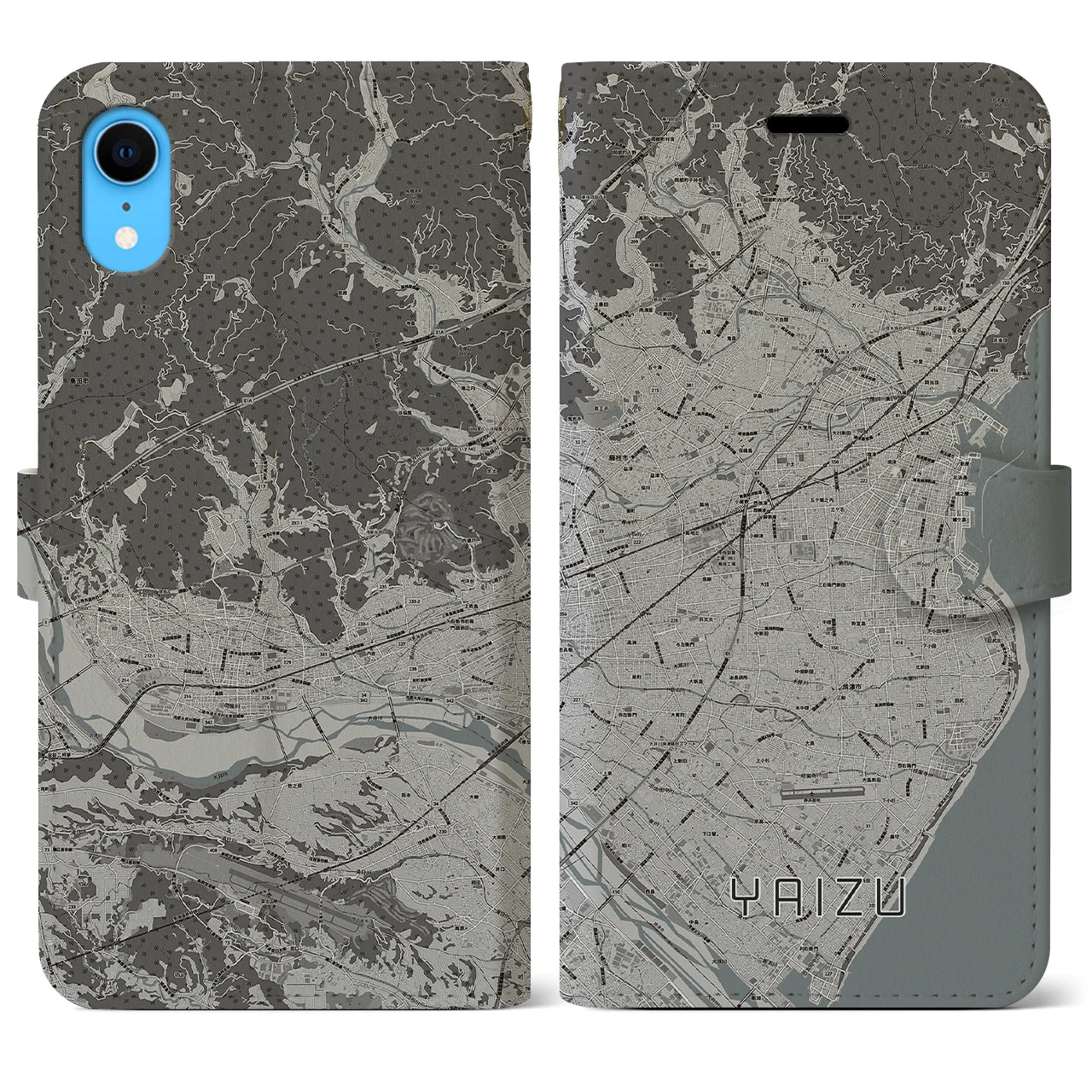 【焼津(静岡県)】地図柄iPhoneケース(手帳タイプ)モノトーン・iPhone XR 用