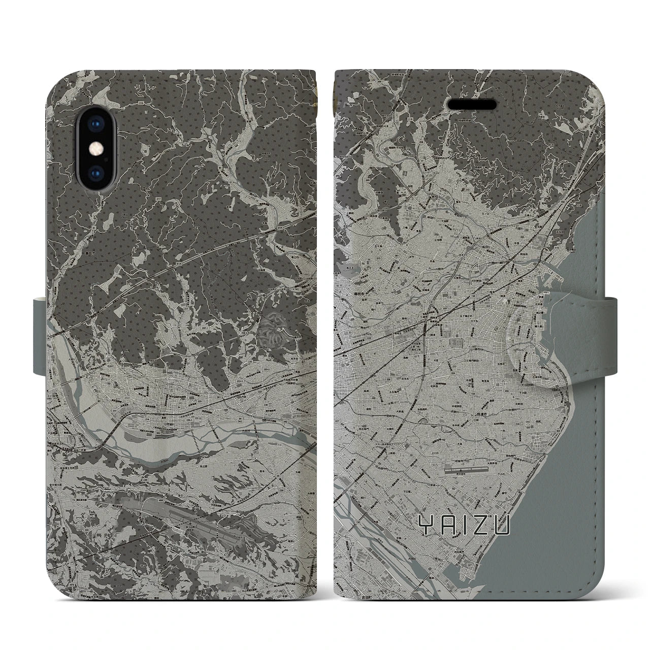 【焼津(静岡県)】地図柄iPhoneケース(手帳タイプ)モノトーン・iPhone XS / X 用