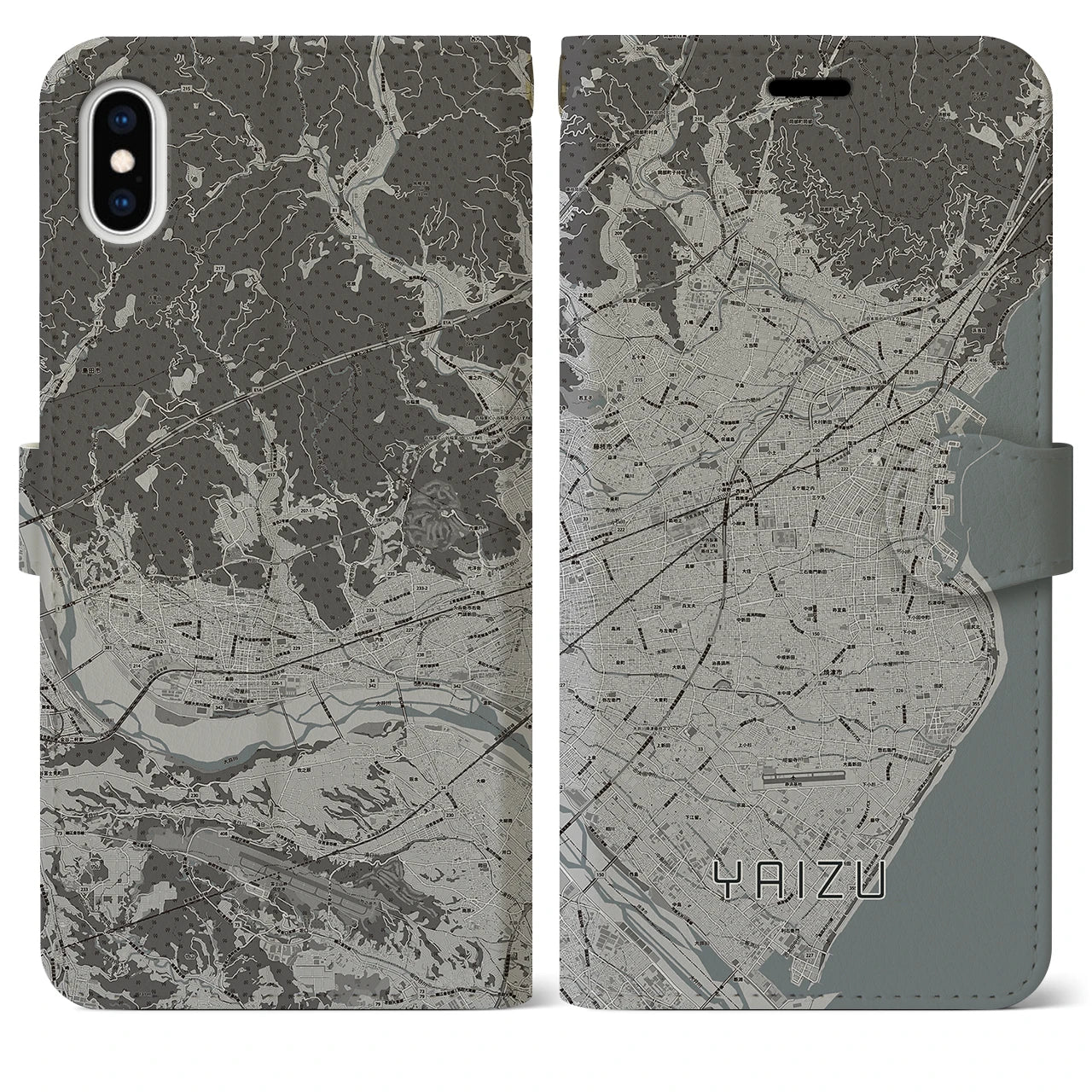 【焼津(静岡県)】地図柄iPhoneケース(手帳タイプ)モノトーン・iPhone XS Max 用