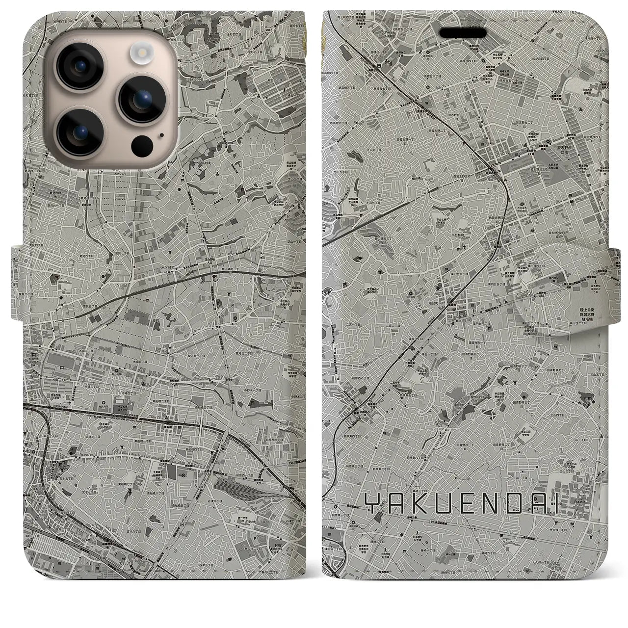 【薬園台(千葉県)】地図柄iPhoneケース(手帳タイプ)モノトーン・iPhone 16 Plus 用