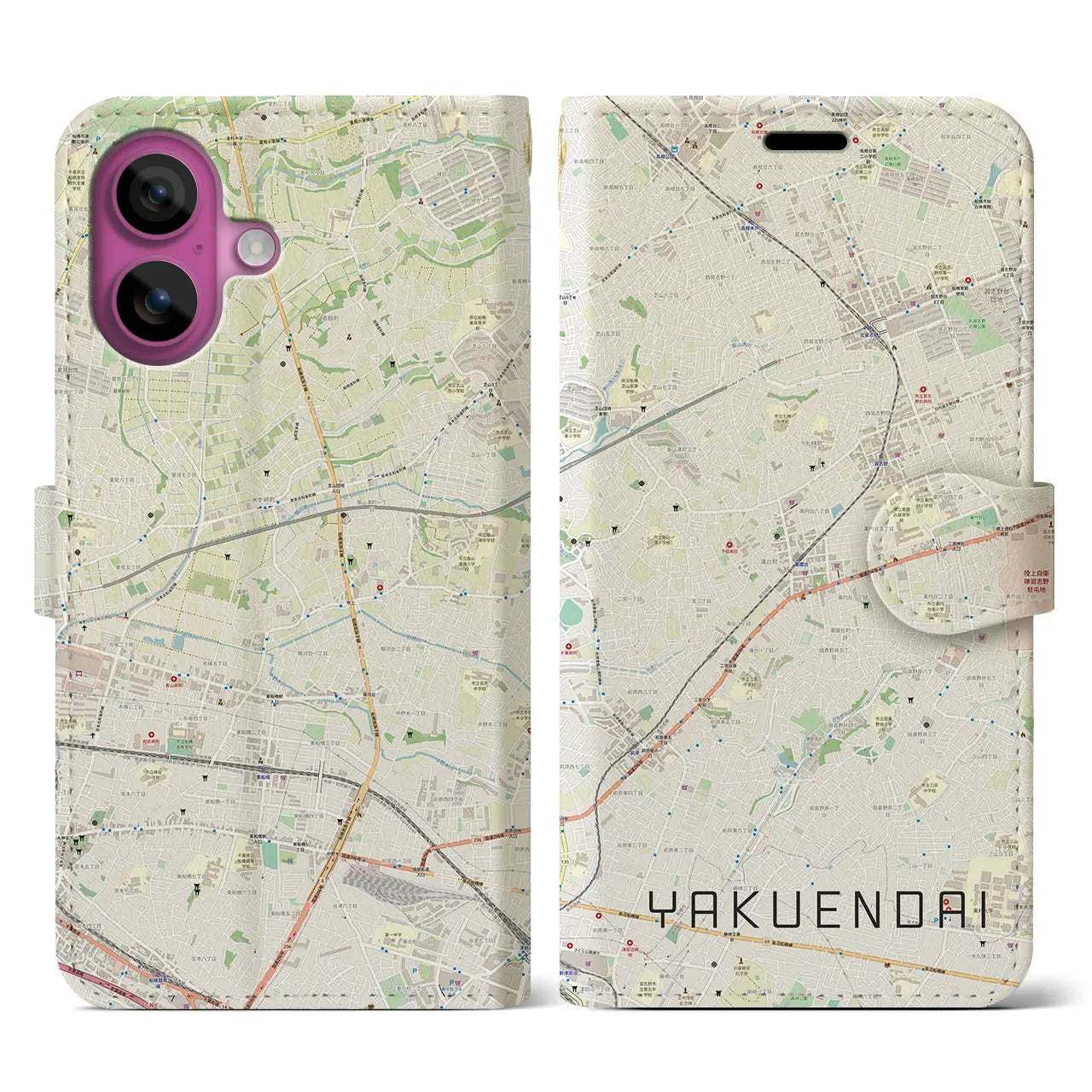 【薬園台(千葉県)】地図柄iPhoneケース(手帳タイプ)ナチュラル・iPhone 16 Pro 用