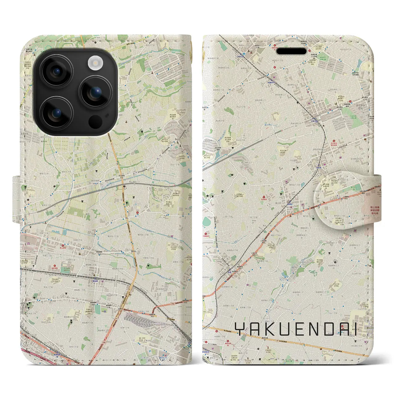 【薬園台(千葉県)】地図柄iPhoneケース(手帳タイプ)ナチュラル・iPhone 16 用