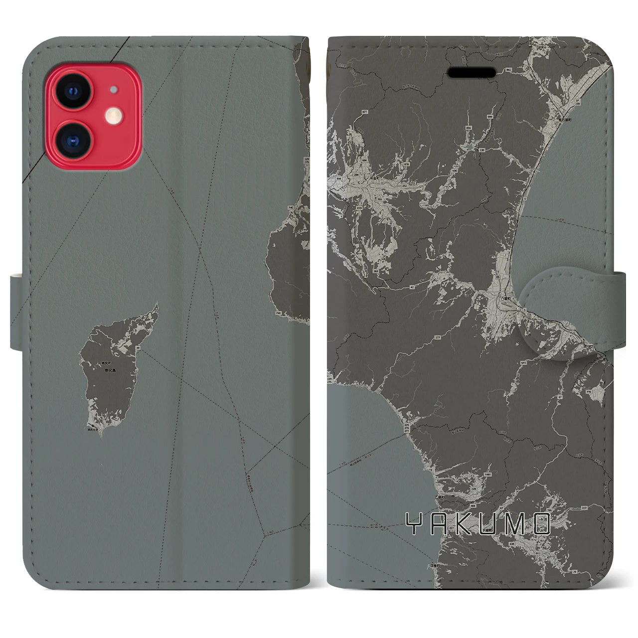 【八雲(北海道)】地図柄iPhoneケース(手帳タイプ)モノトーン・iPhone 11 用