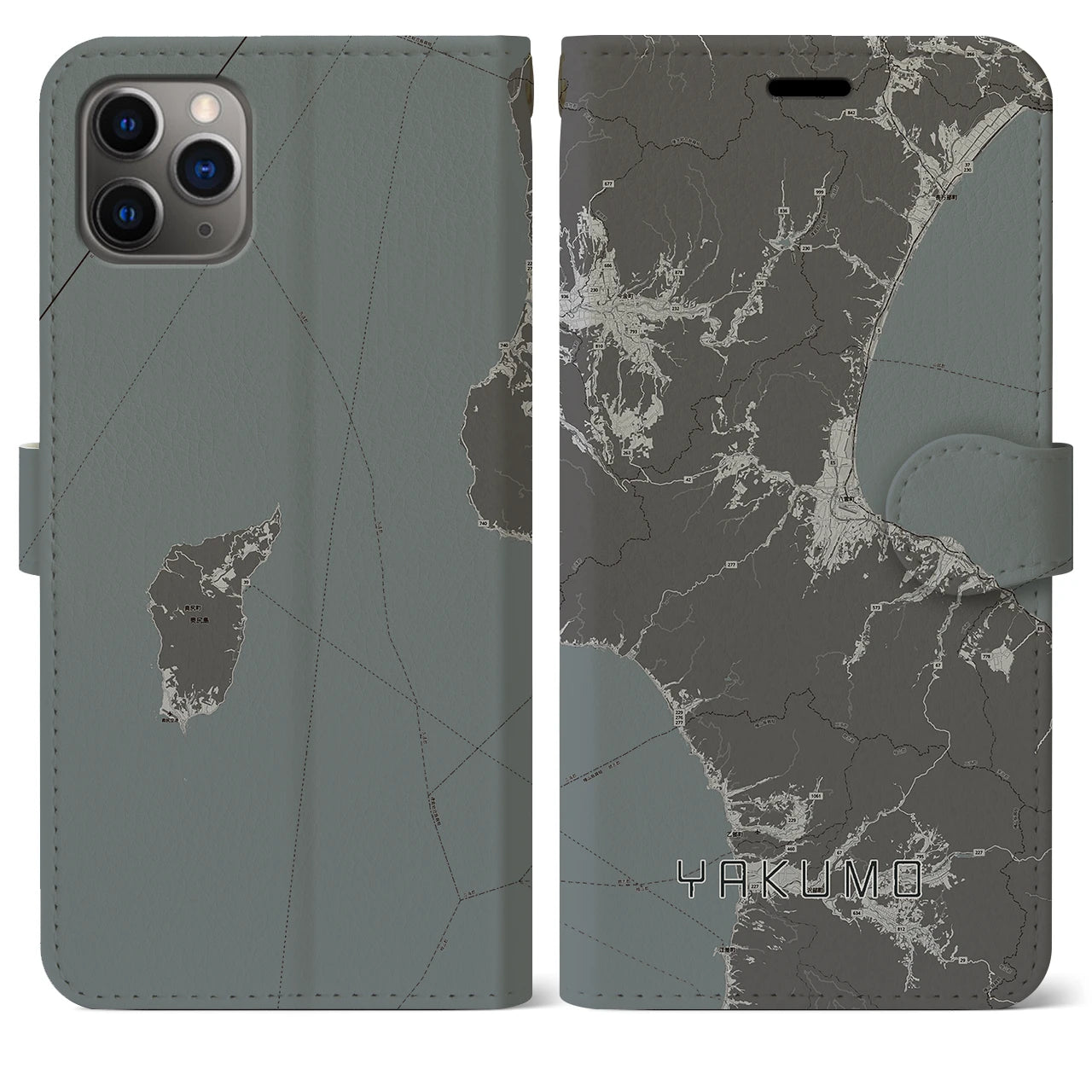 【八雲(北海道)】地図柄iPhoneケース(手帳タイプ)モノトーン・iPhone 11 Pro Max 用