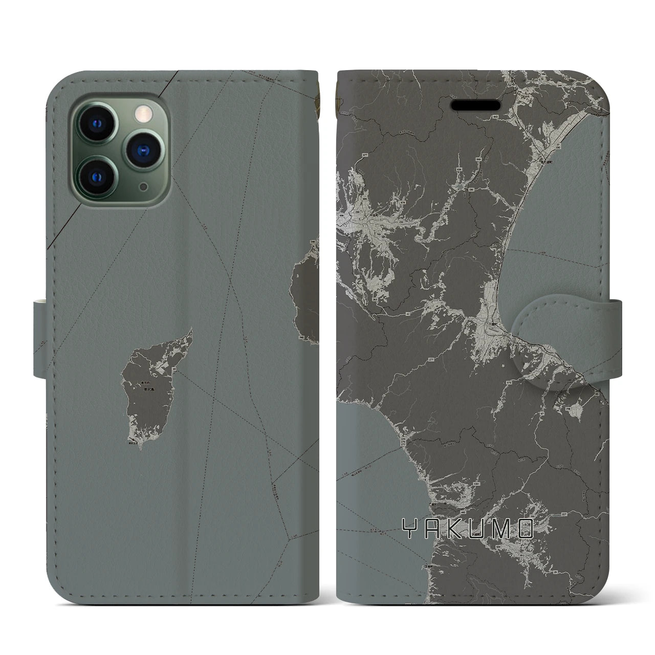 【八雲(北海道)】地図柄iPhoneケース(手帳タイプ)モノトーン・iPhone 11 Pro 用