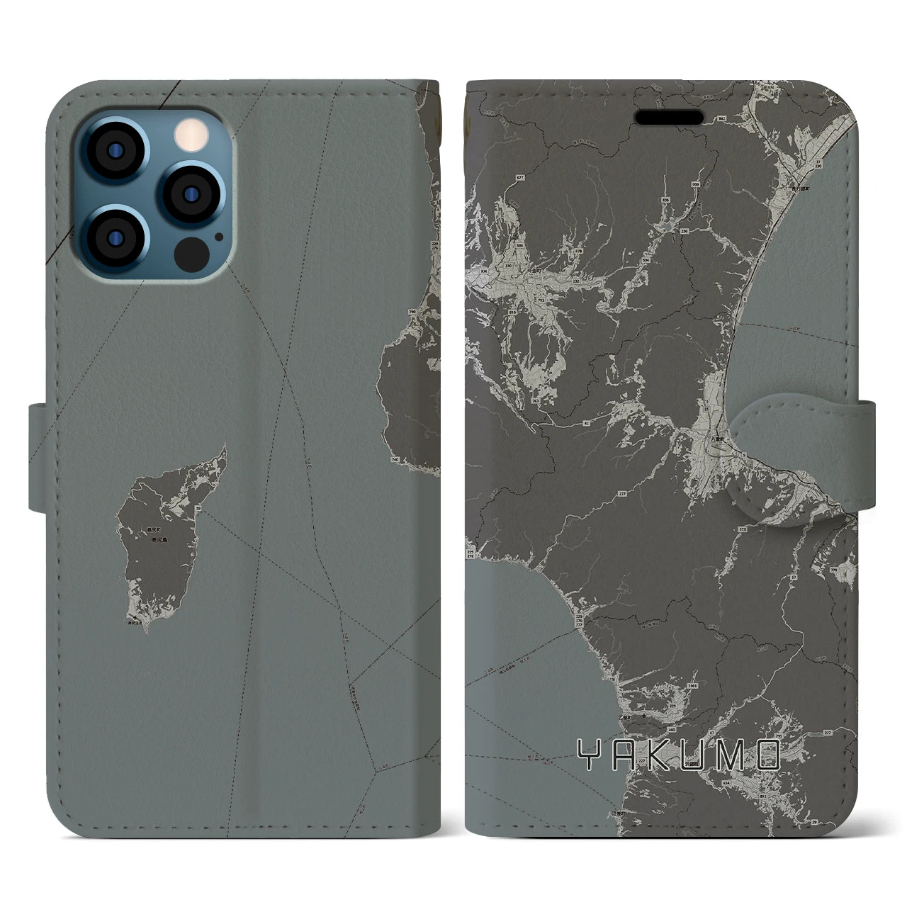【八雲(北海道)】地図柄iPhoneケース(手帳タイプ)モノトーン・iPhone 12 / 12 Pro 用