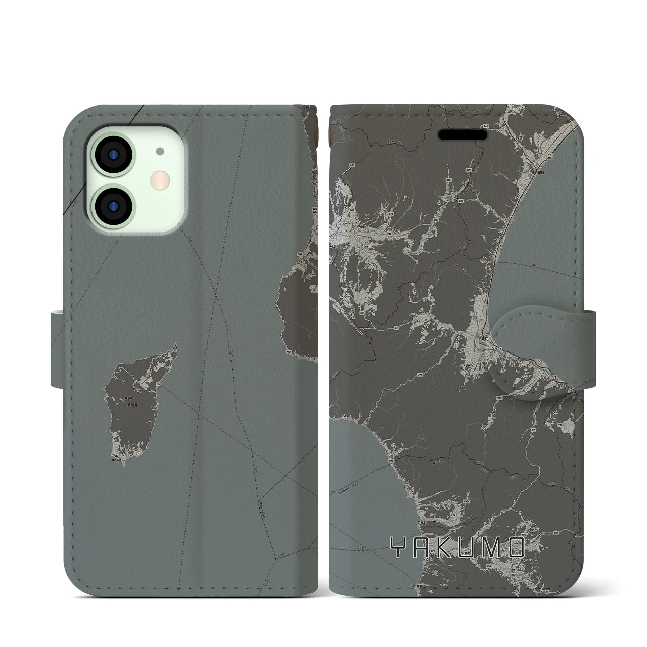 【八雲(北海道)】地図柄iPhoneケース(手帳タイプ)モノトーン・iPhone 12 mini 用