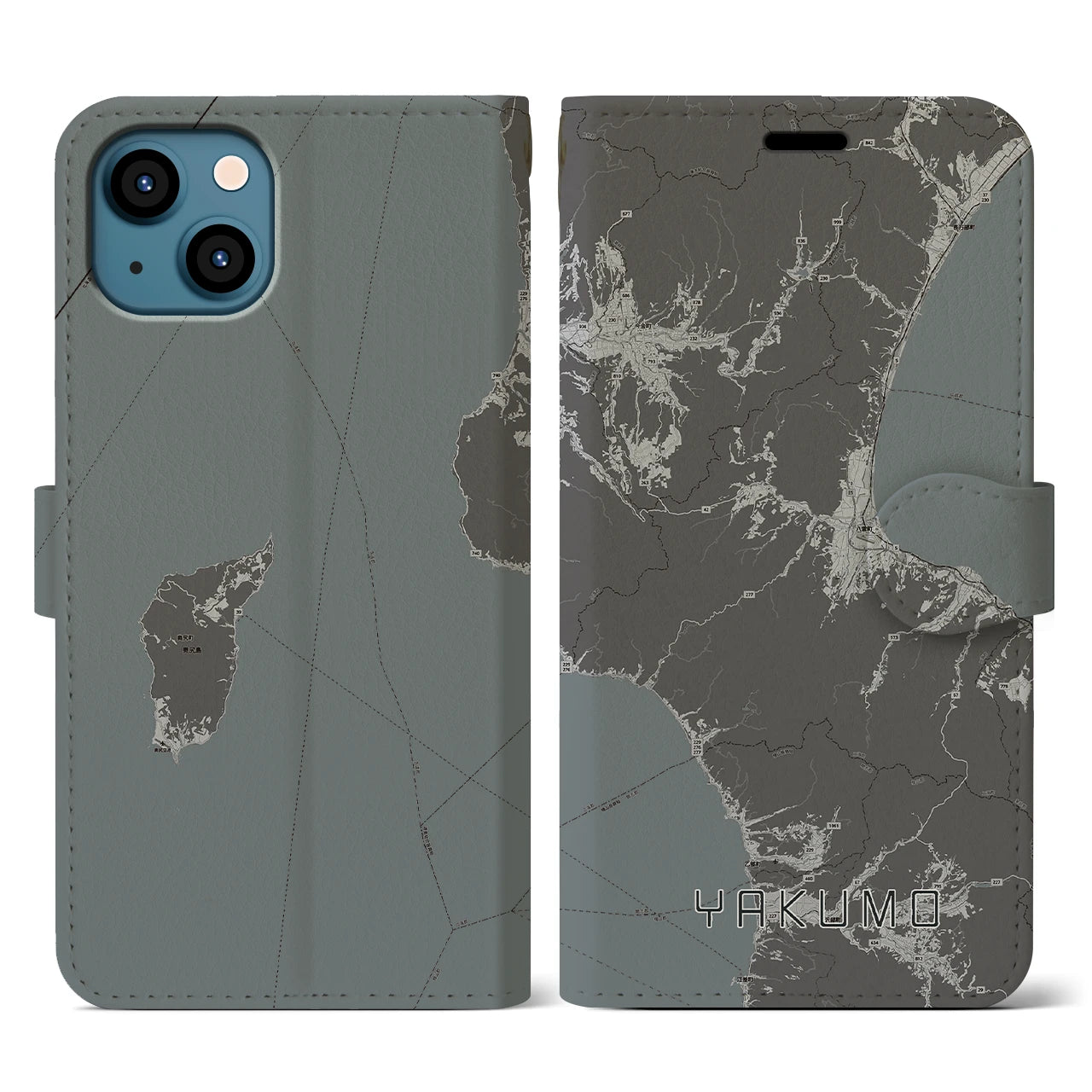 【八雲(北海道)】地図柄iPhoneケース(手帳タイプ)モノトーン・iPhone 13 用