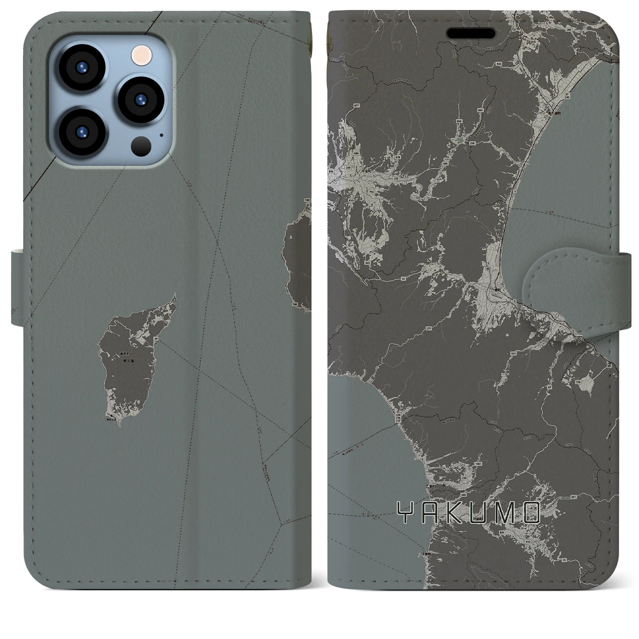 【八雲(北海道)】地図柄iPhoneケース(手帳タイプ)モノトーン・iPhone 13 Pro Max 用