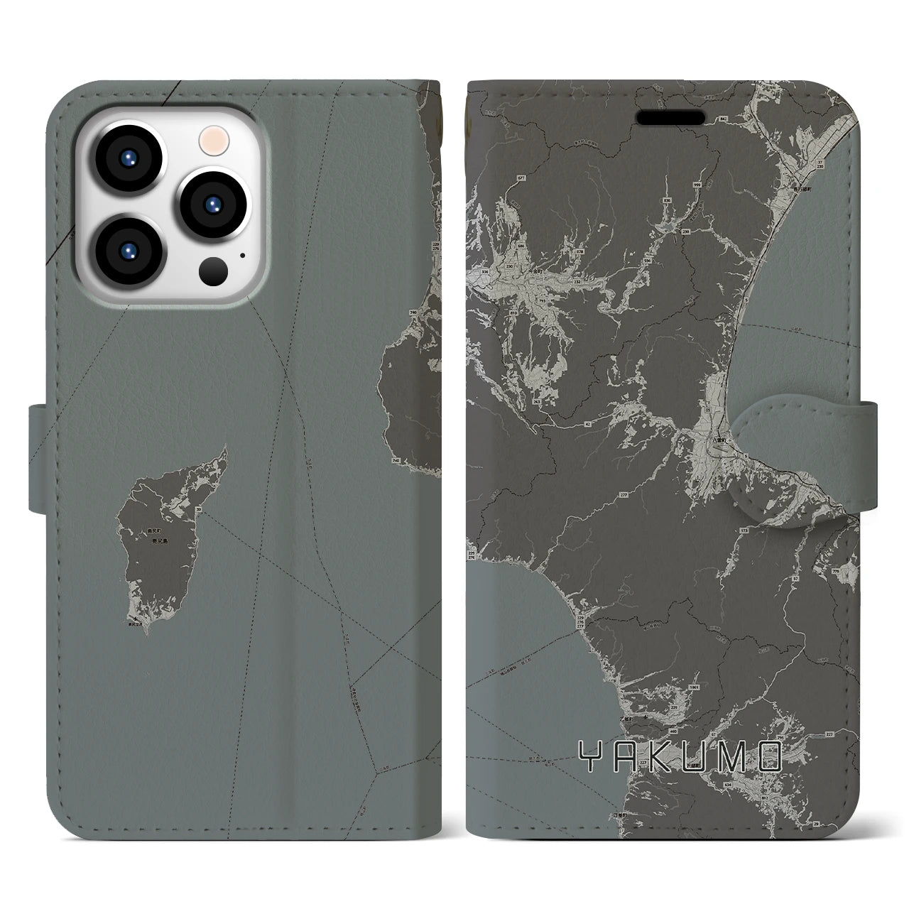 【八雲(北海道)】地図柄iPhoneケース(手帳タイプ)モノトーン・iPhone 13 Pro 用