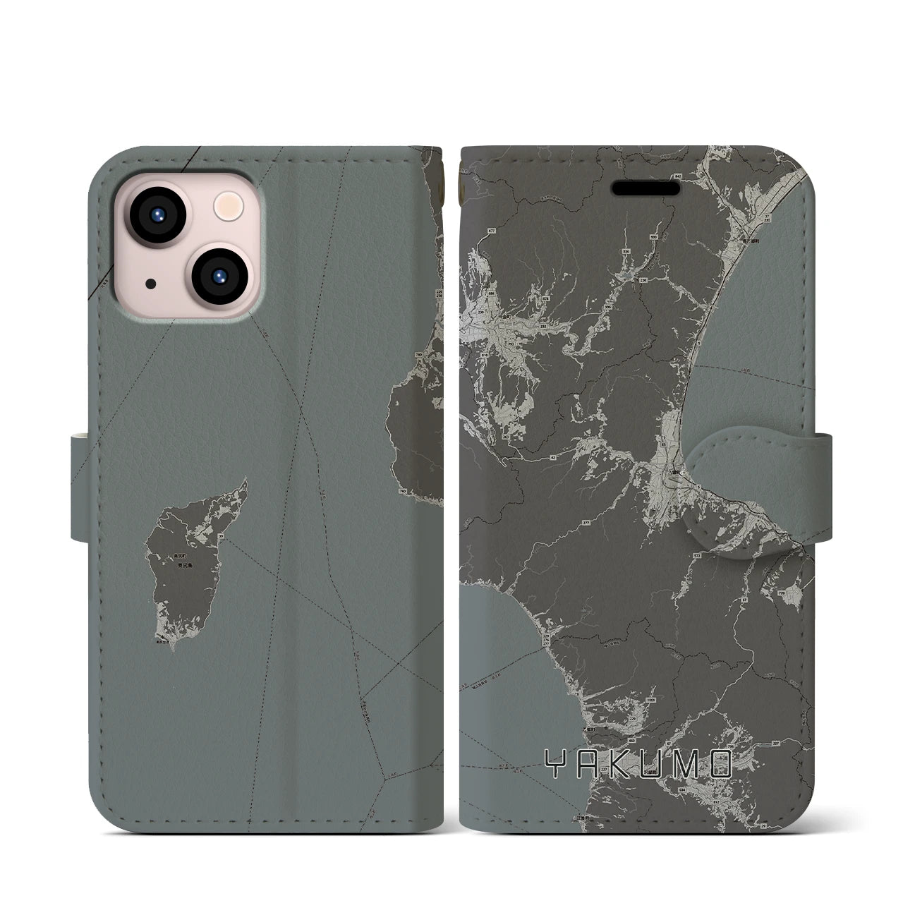 【八雲(北海道)】地図柄iPhoneケース(手帳タイプ)モノトーン・iPhone 13 mini 用