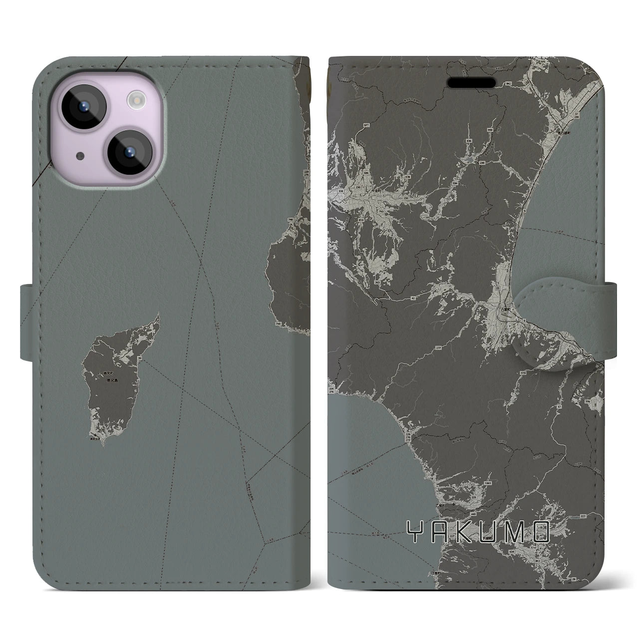 【八雲(北海道)】地図柄iPhoneケース(手帳タイプ)モノトーン・iPhone 14 用