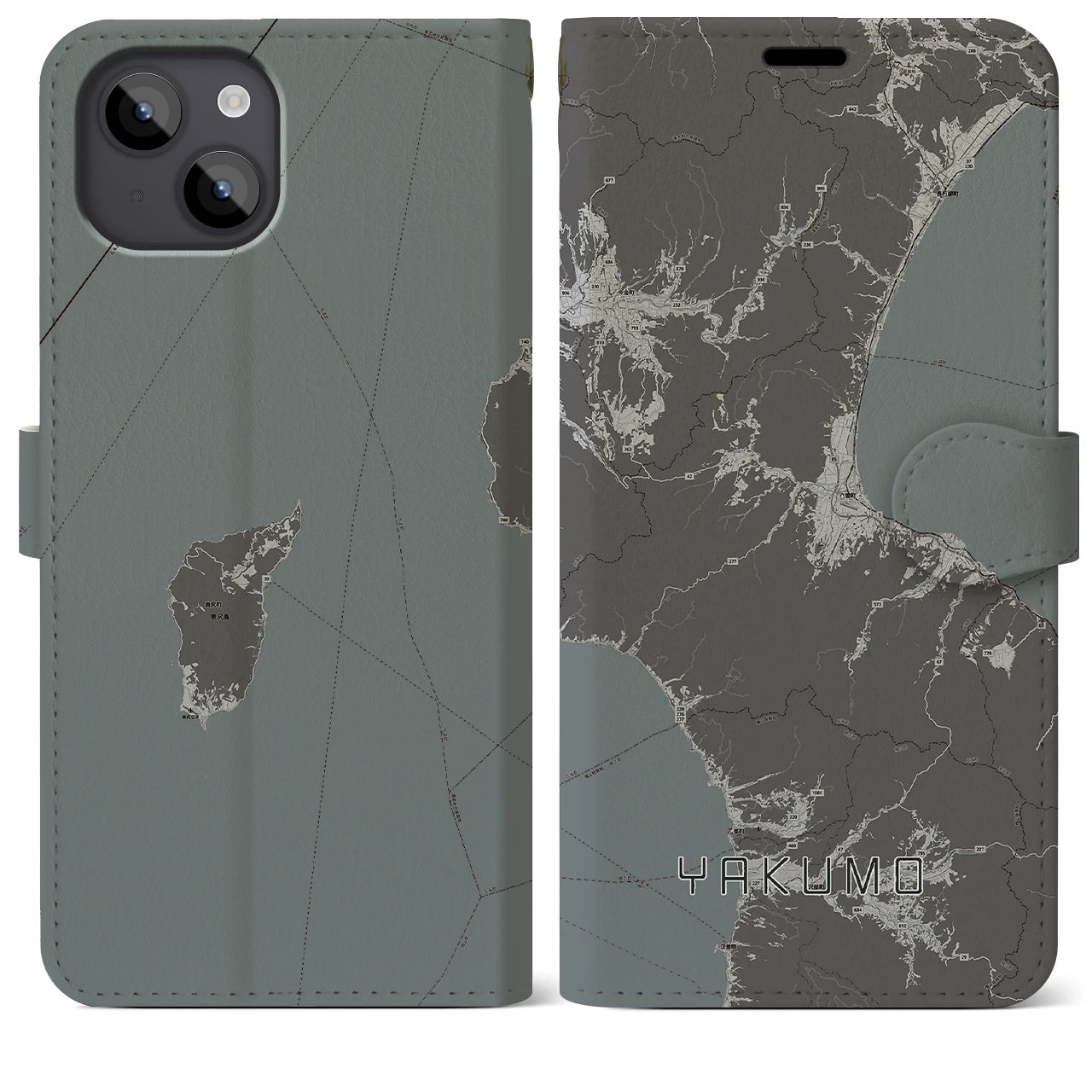 【八雲(北海道)】地図柄iPhoneケース(手帳タイプ)モノトーン・iPhone 14 Plus 用