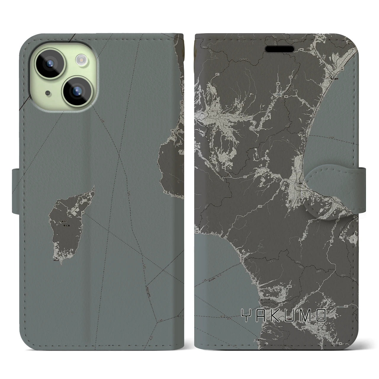 【八雲(北海道)】地図柄iPhoneケース(手帳タイプ)モノトーン・iPhone 15 用