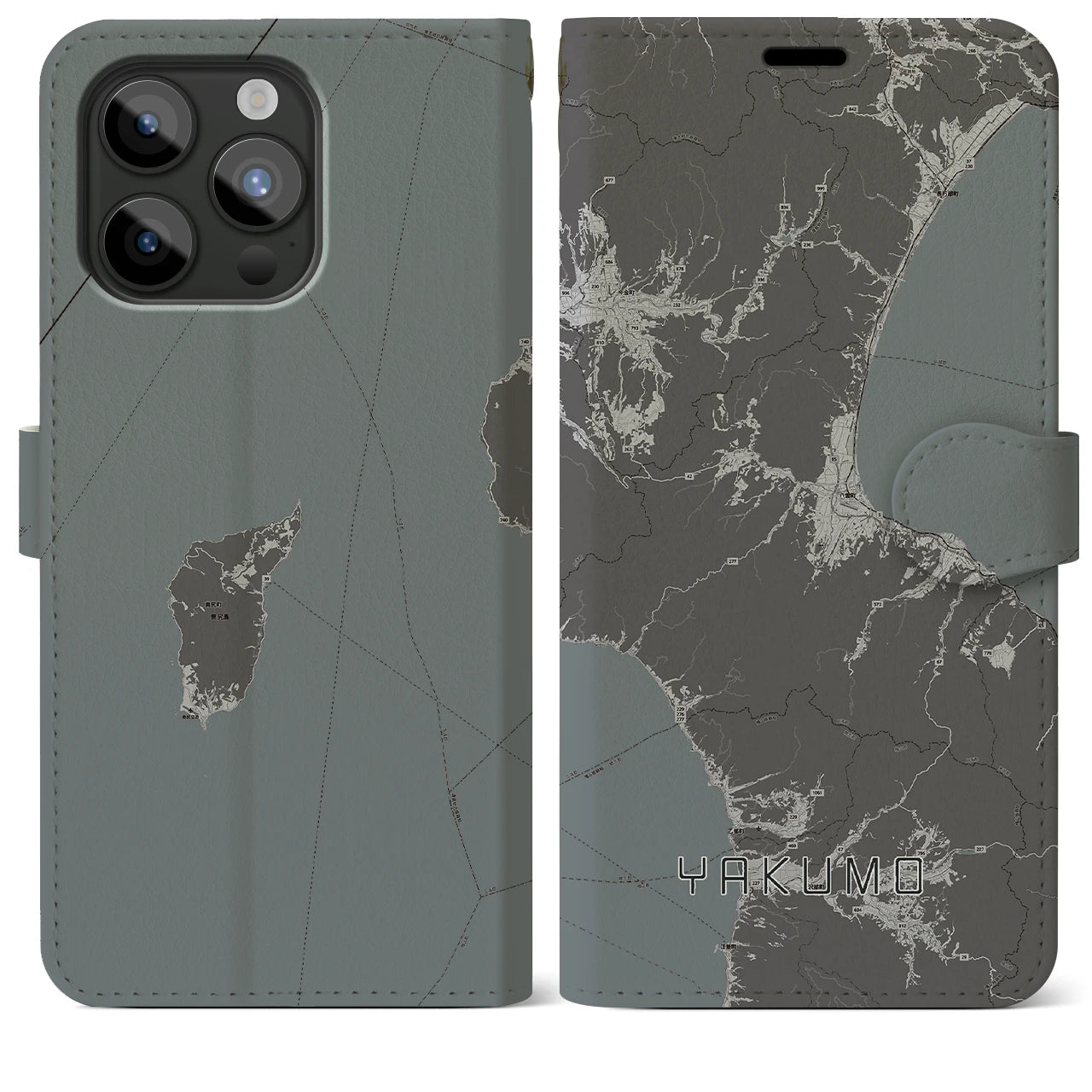 【八雲(北海道)】地図柄iPhoneケース(手帳タイプ)モノトーン・iPhone 15 Pro Max 用
