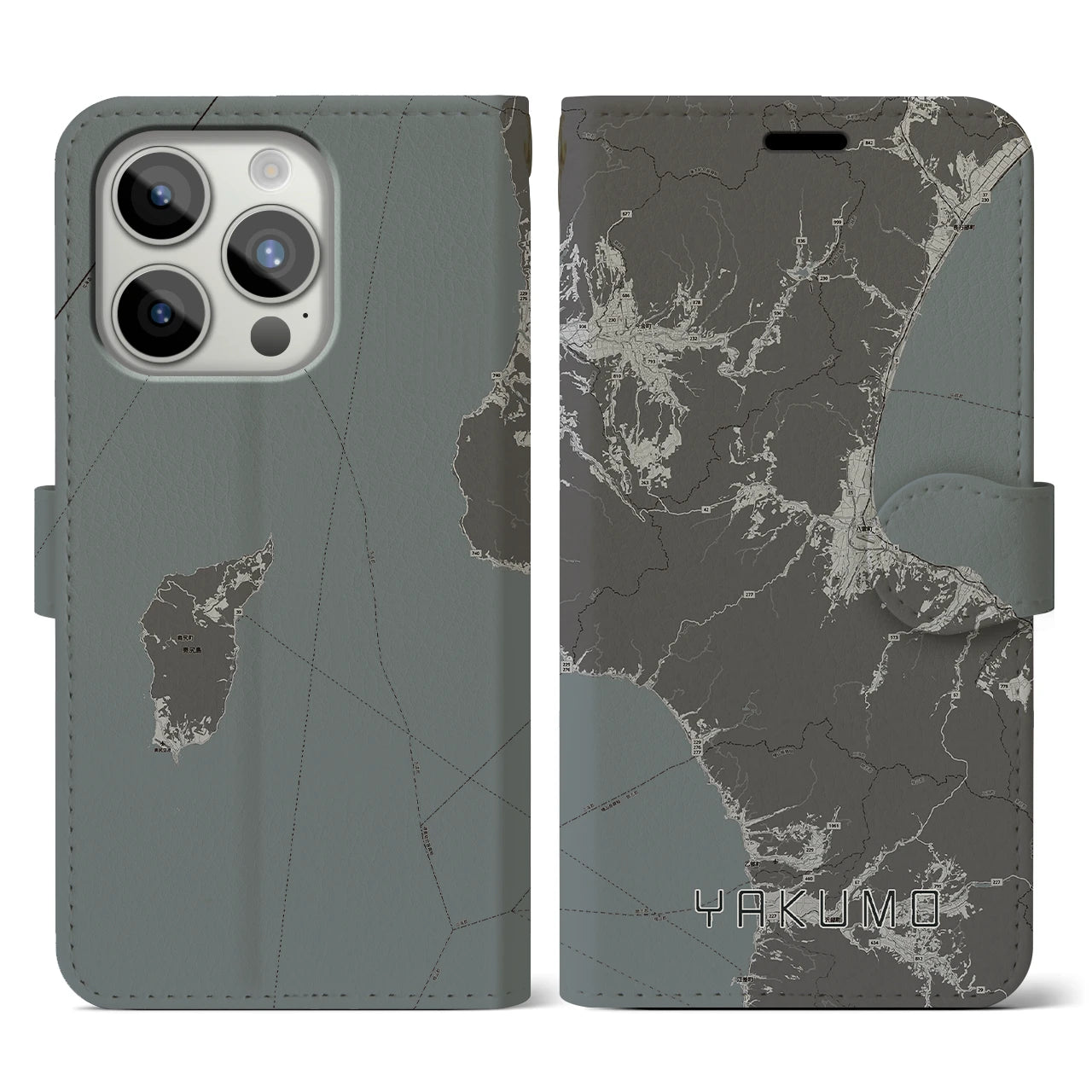 【八雲(北海道)】地図柄iPhoneケース(手帳タイプ)モノトーン・iPhone 15 Pro 用