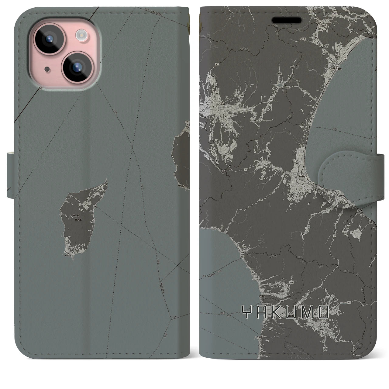 【八雲(北海道)】地図柄iPhoneケース(手帳タイプ)モノトーン・iPhone 15 Plus 用
